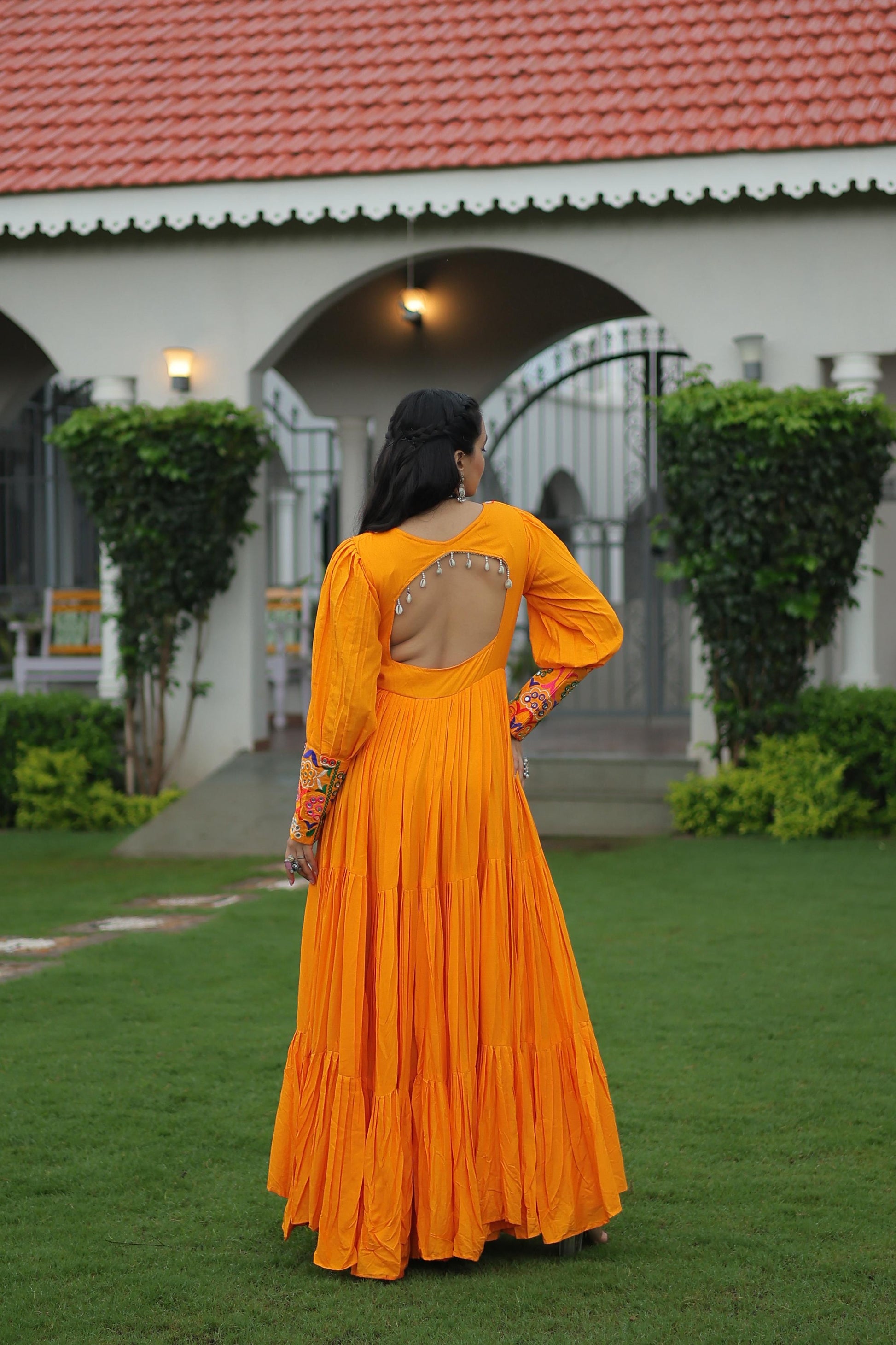 Prazu Fashion Yellow Reyon Kutchi Gamthi Work Navaratri Gown