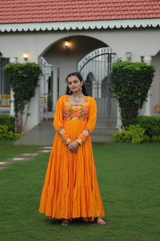 Prazu Fashion Yellow Reyon Kutchi Gamthi Work Navaratri Gown