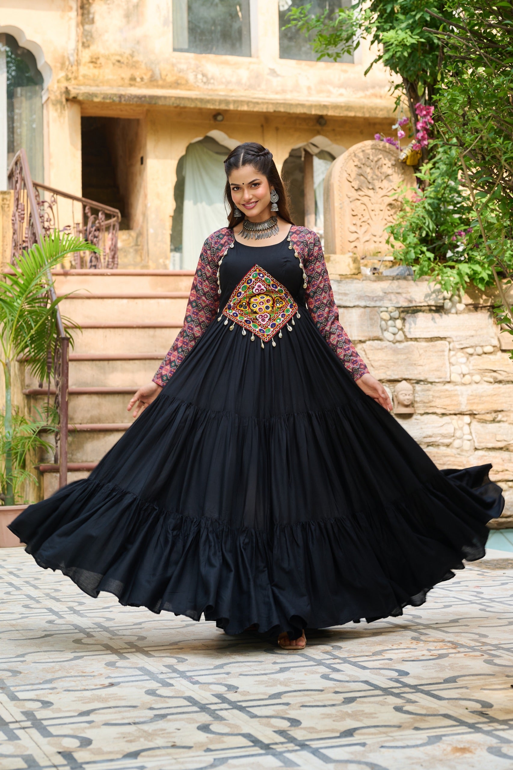 Prazu Fashion Black Reyon With Kutchi Gamthi Embroidered Navaratri Gown