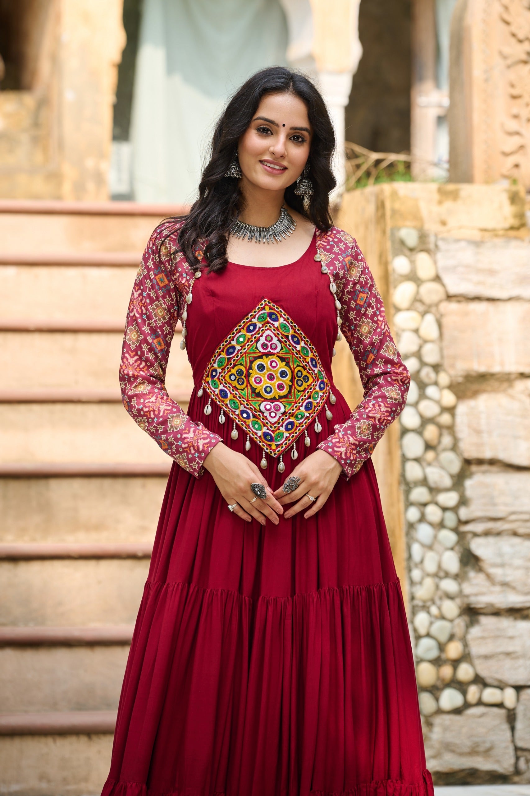 Prazu Fashion Maroon Reyon With Kutchi Gamthi Embroidered Navaratri Gown