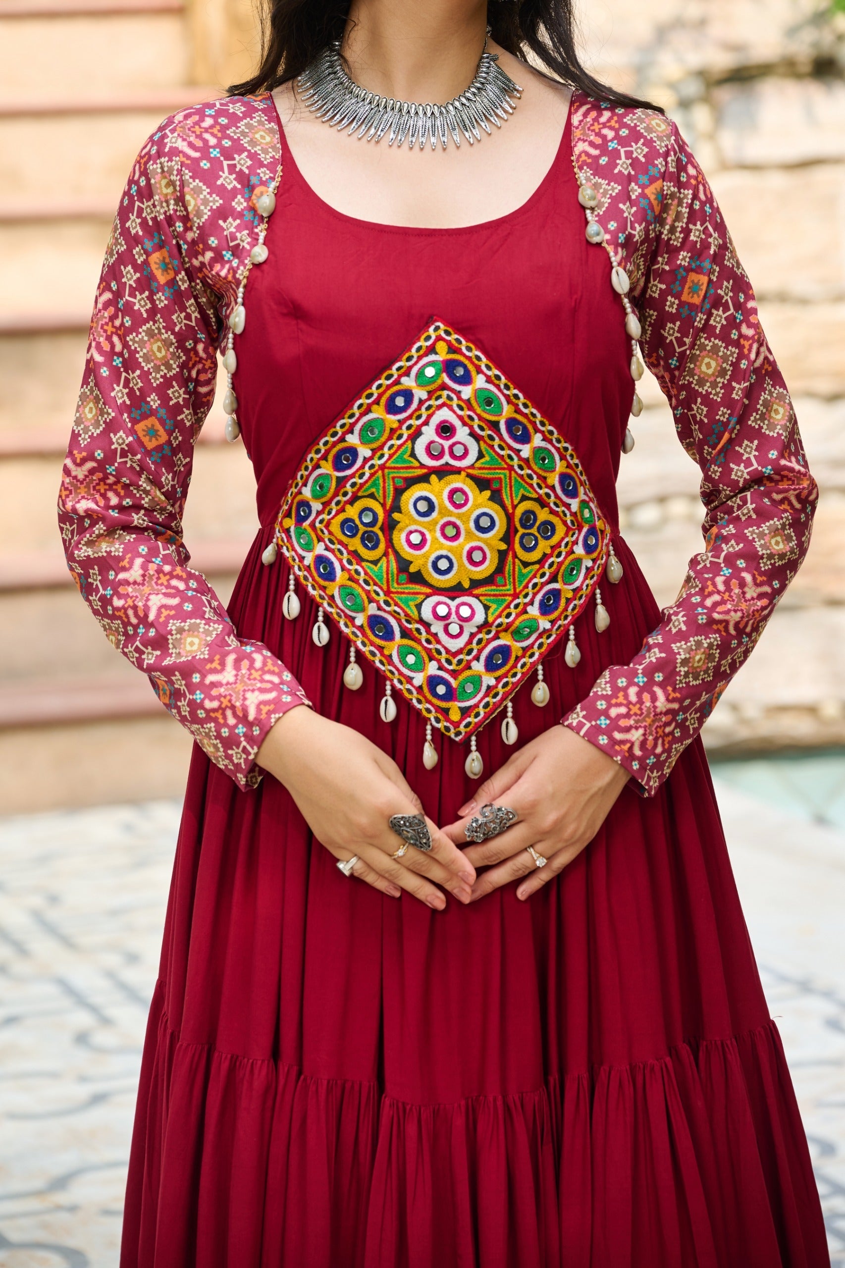 Prazu Fashion Maroon Reyon With Kutchi Gamthi Embroidered Navaratri Gown