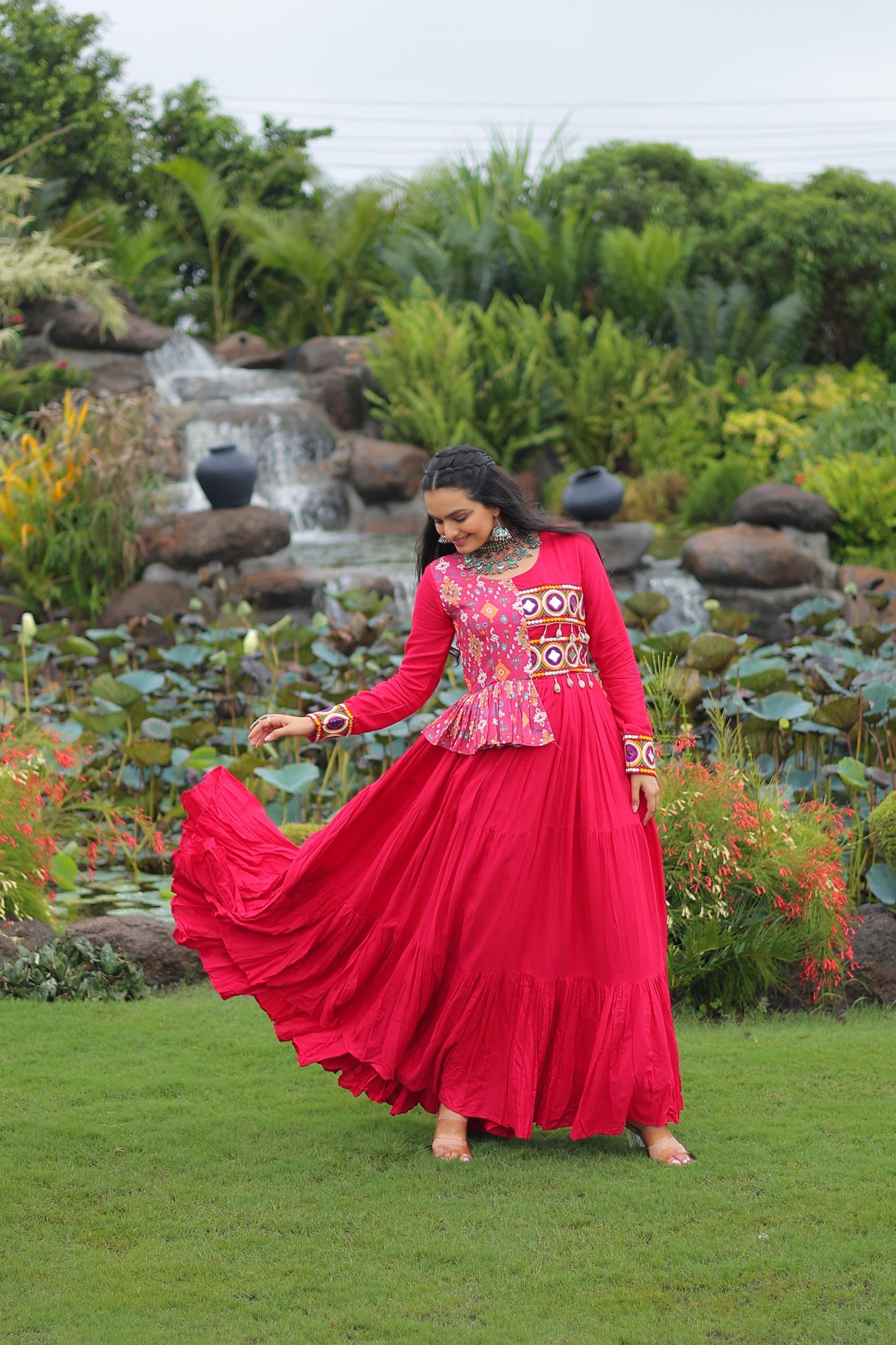 Prazu Fashion Rani Pink Rayon With Kutchi Gamthi & Cotton Print Work Gown For Navratri