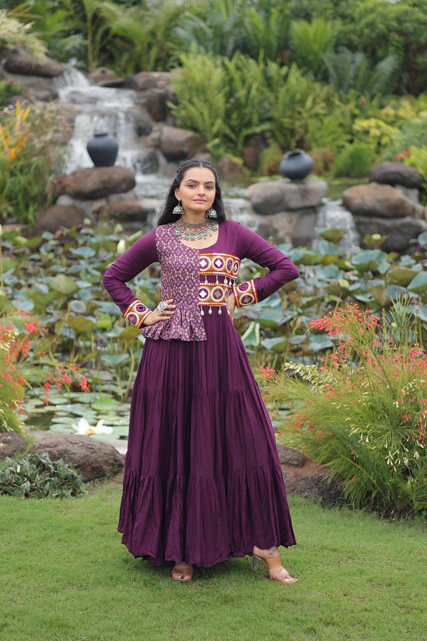 Prazu Fashion Wine Rayon With Kutchi Gamthi & Cotton Print Work Gown For Navratri