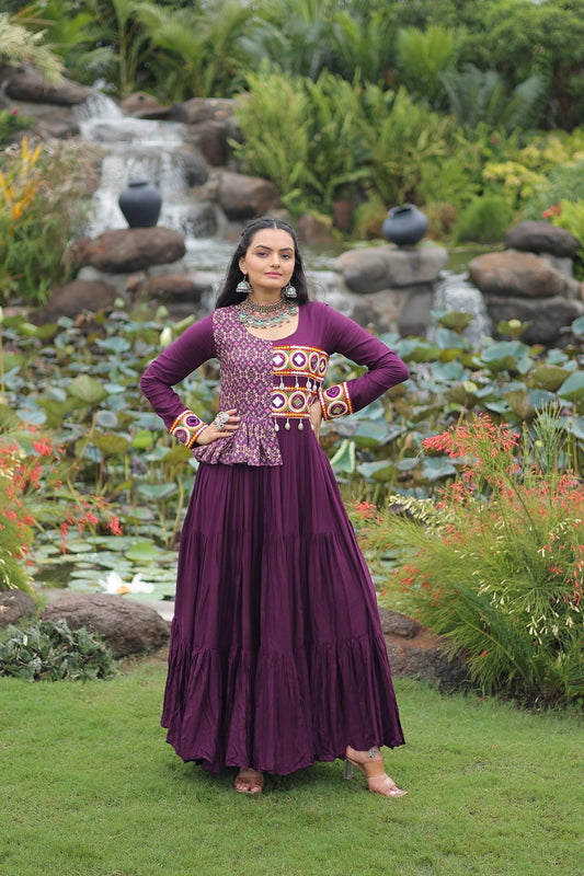 Prazu Fashion Wine Rayon With Kutchi Gamthi & Cotton Print Work Gown For Navratri
