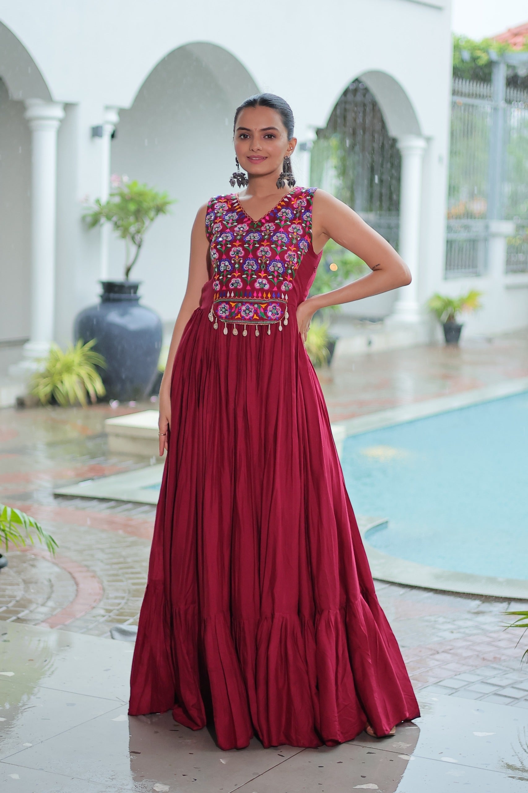 Prazu Fashion Maroon Reyon Kutchi Gamthi Thread Work Navaratri Gown