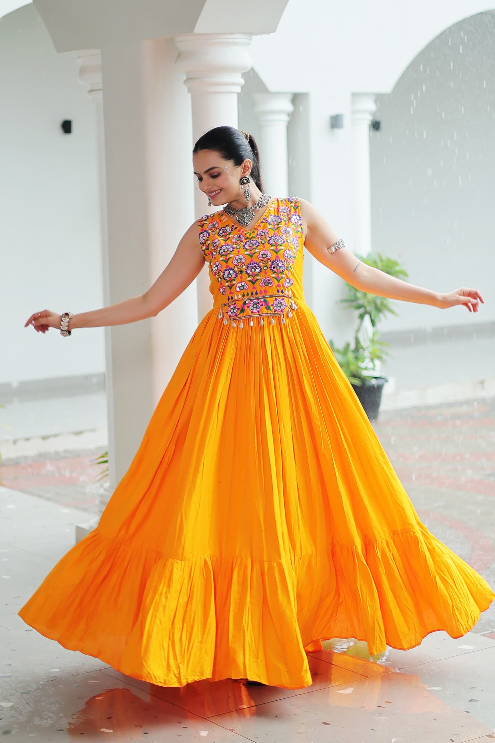 Prazu Fashion Yellow Reyon Kutchi Gamthi Thread Work Navaratri Gown
