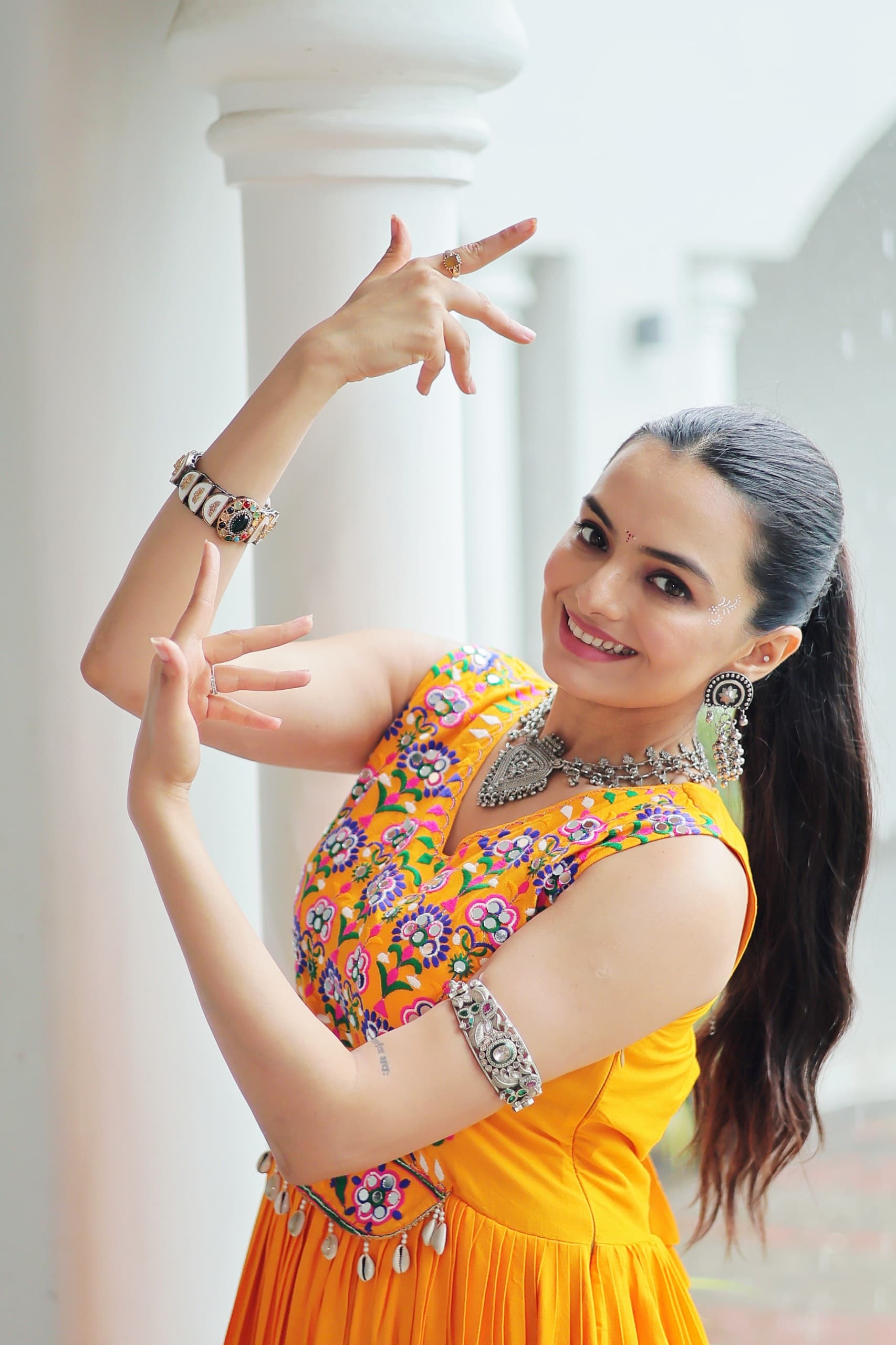 Prazu Fashion Yellow Reyon Kutchi Gamthi Thread Work Navaratri Gown