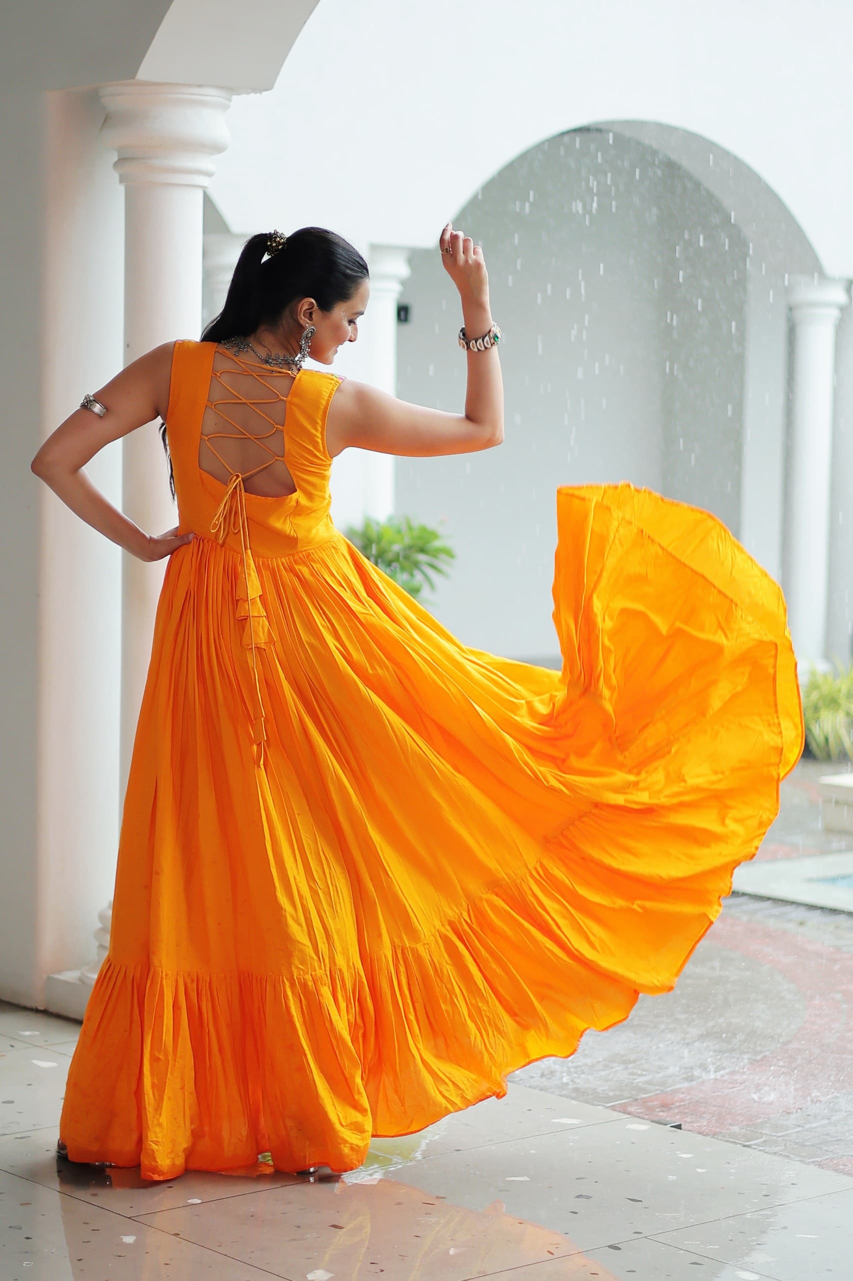 Prazu Fashion Yellow Reyon Kutchi Gamthi Thread Work Navaratri Gown