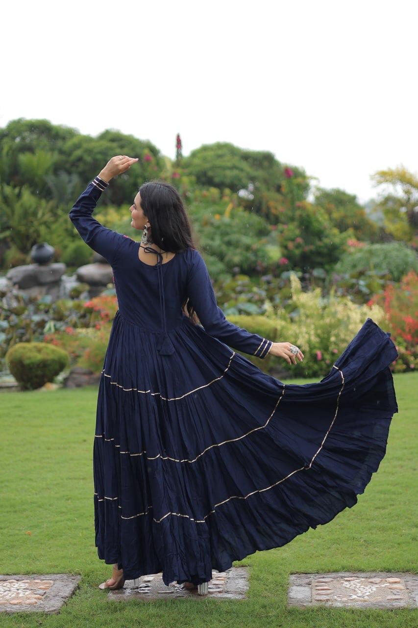 Prazu Fashion Blue Rayon Kutchi Gamthi Embroidered & Mirror Hand Work Navratri Gown