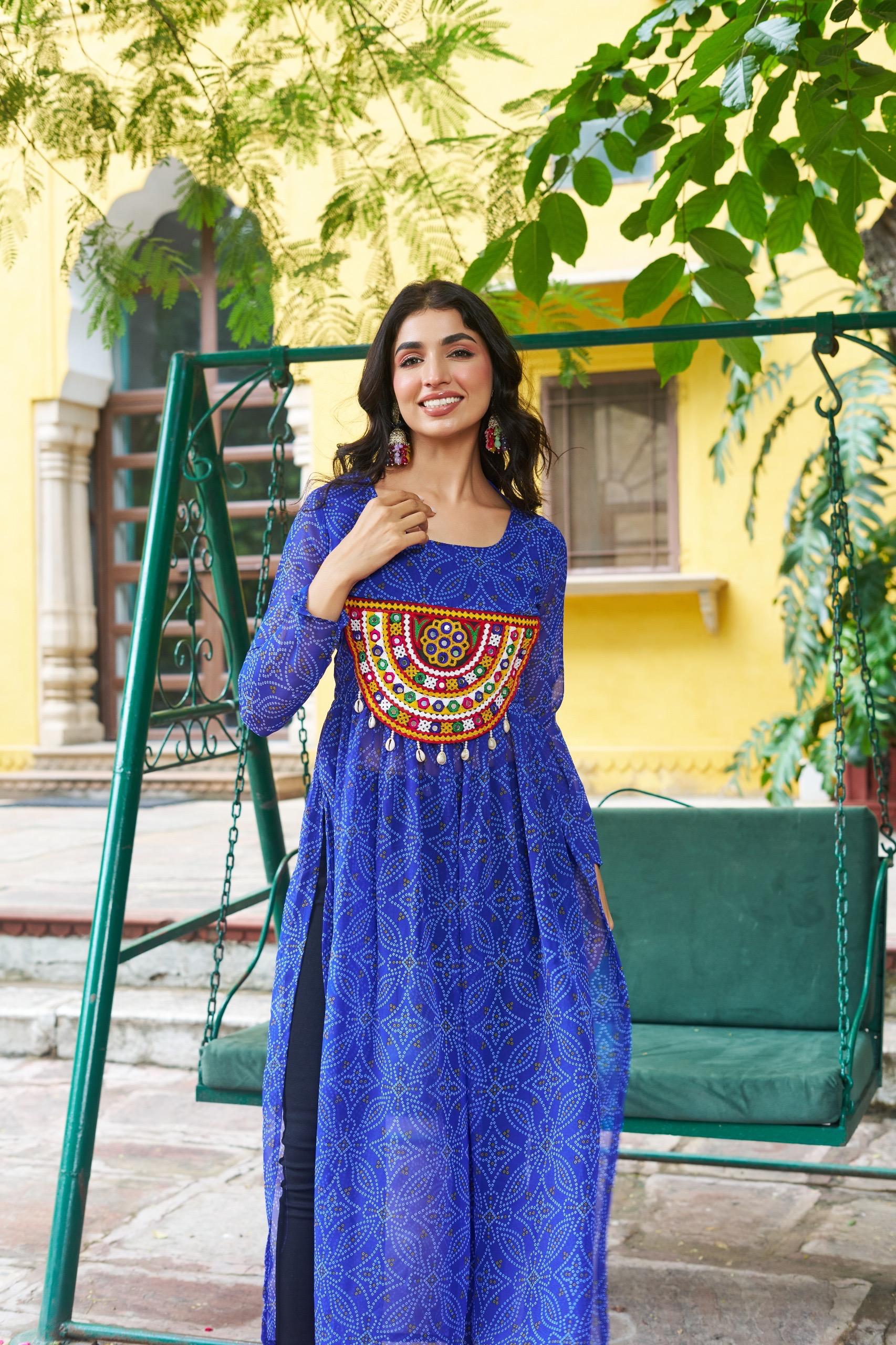 Prazu Fashion Blue Georgette Bandhej Print With Kutchi Patchwork Kurti For Navratri