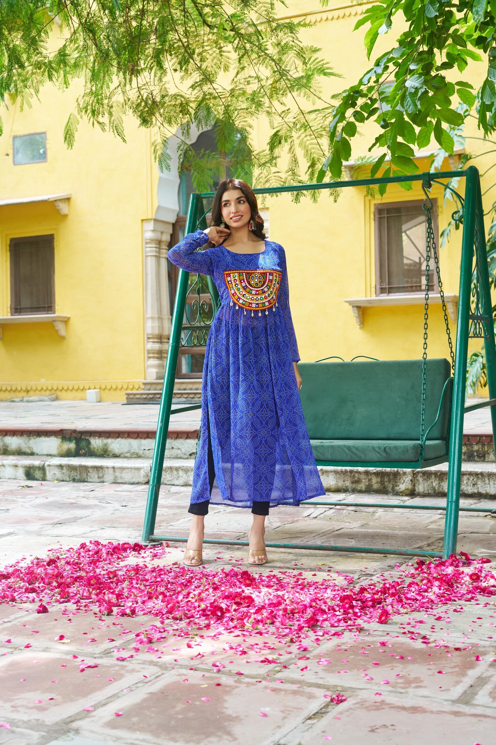 Prazu Fashion Blue Georgette Bandhej Print With Kutchi Patchwork Kurti For Navratri