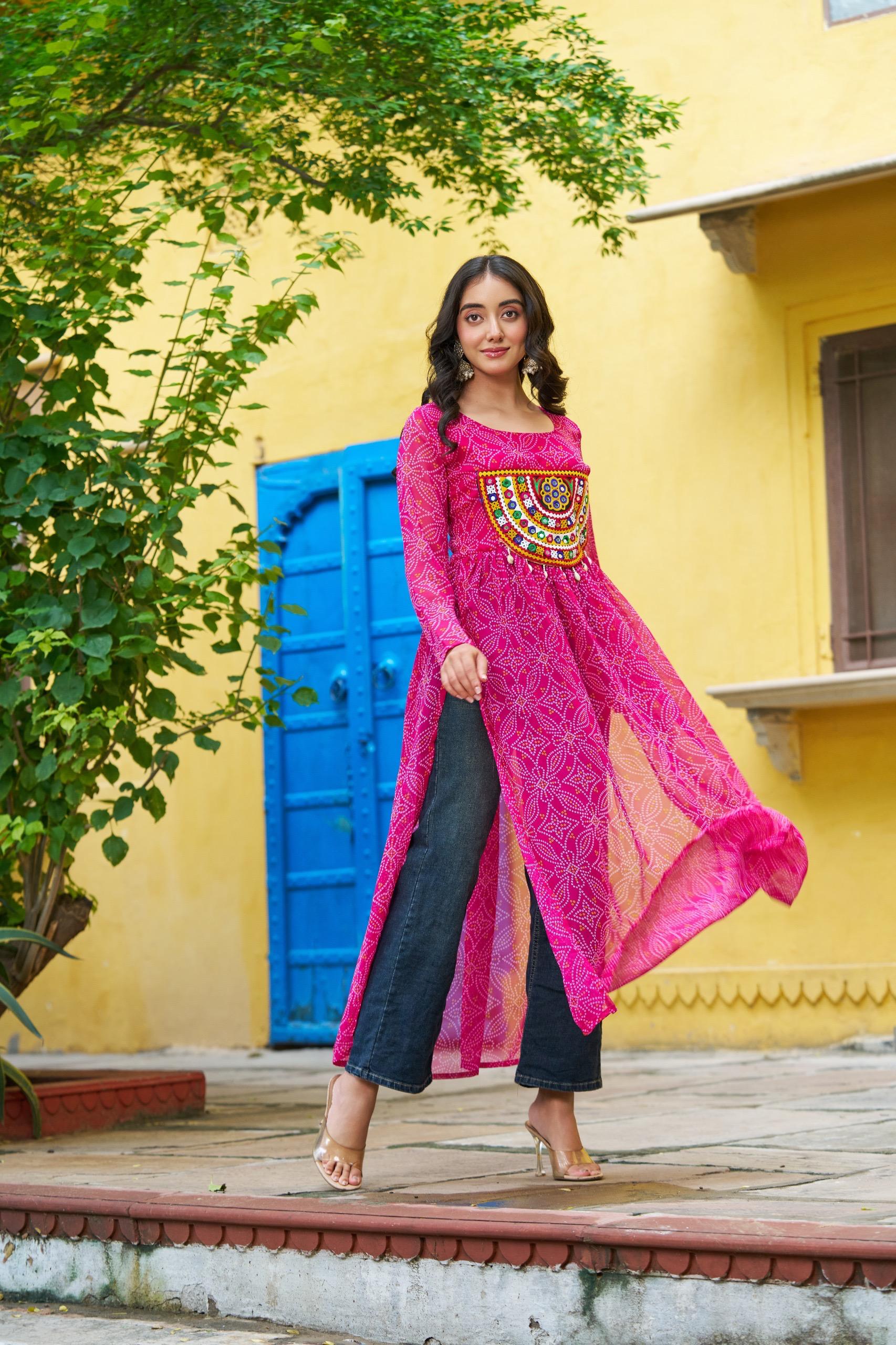 Prazu Fashion Pink Georgette Bandhej Print With Kutchi Patchwork Kurti For Navratri