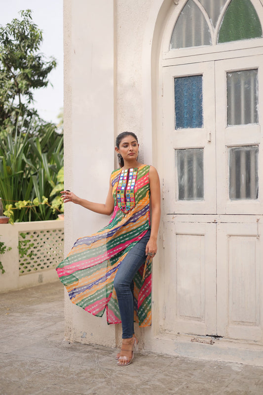 Prazu Fashion Multi Georgette Kutchi Gamthi Mirror Codi Work Kurti For Navratri