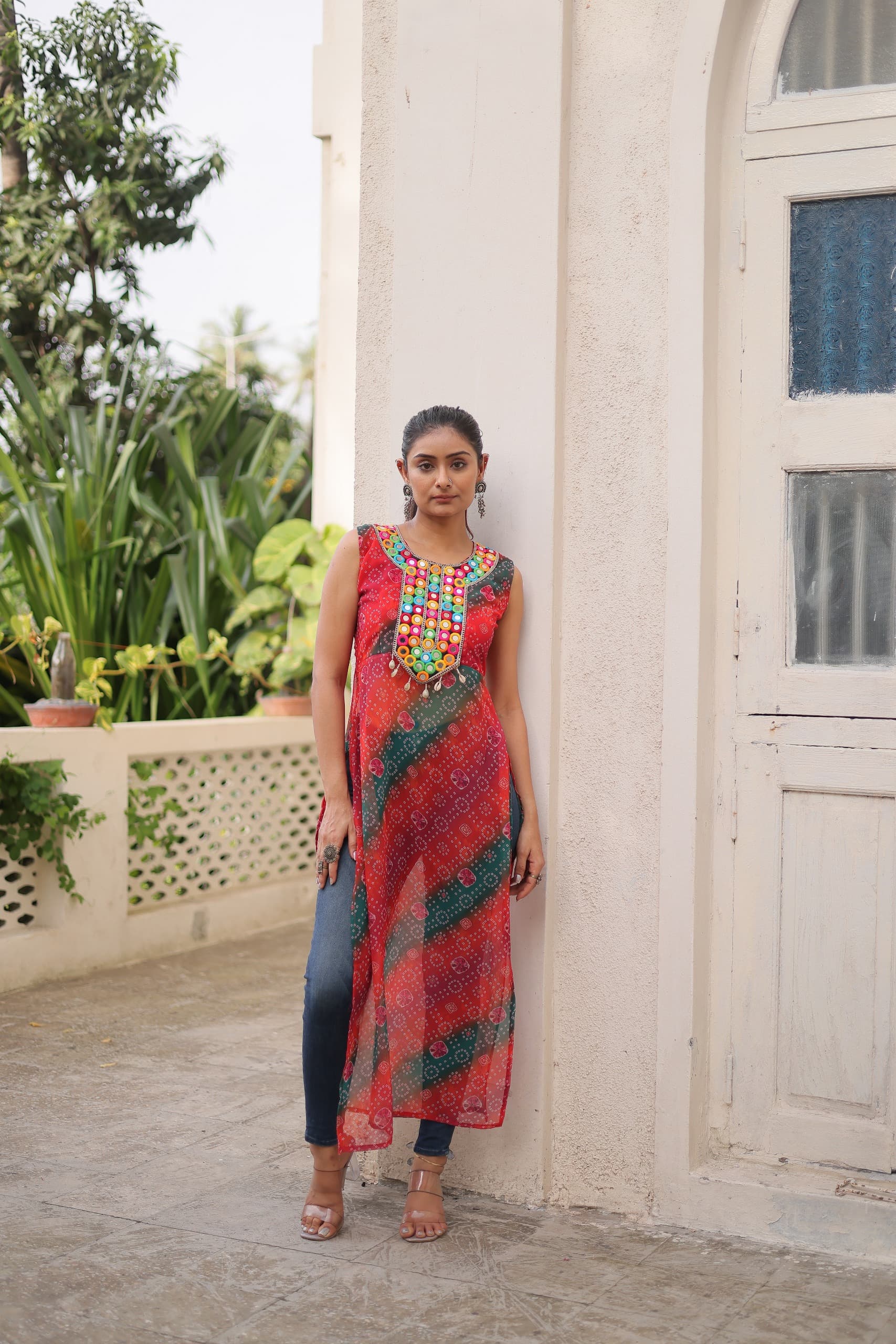Prazu Fashion Red Georgette Kutchi Gamthi Mirror Codi Work Kurti For Navratri