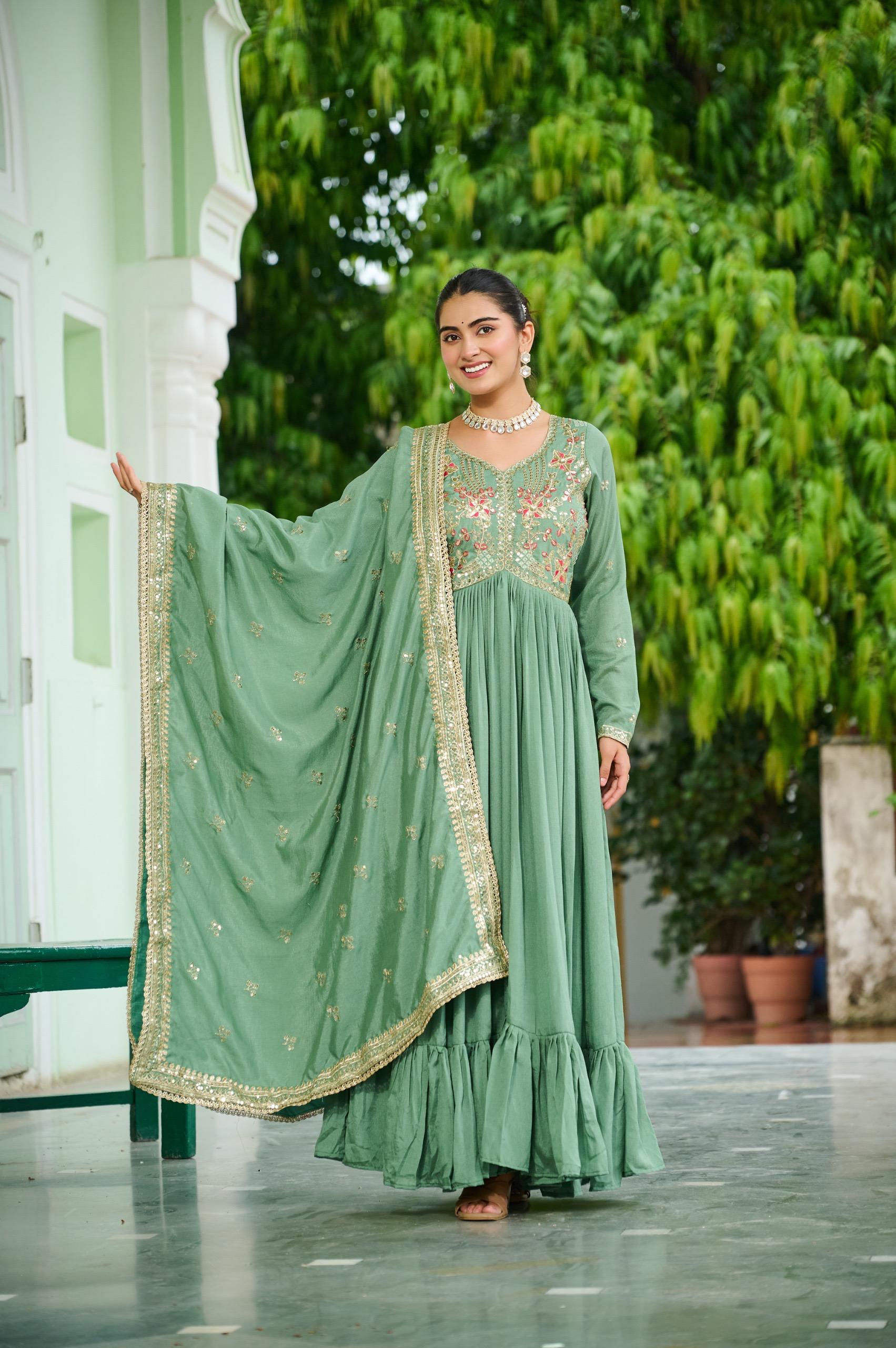 Prazu Fashion Pista Green Vichitra Silk Rich Embroidered Zari & Thread Work Gown With Dupatta