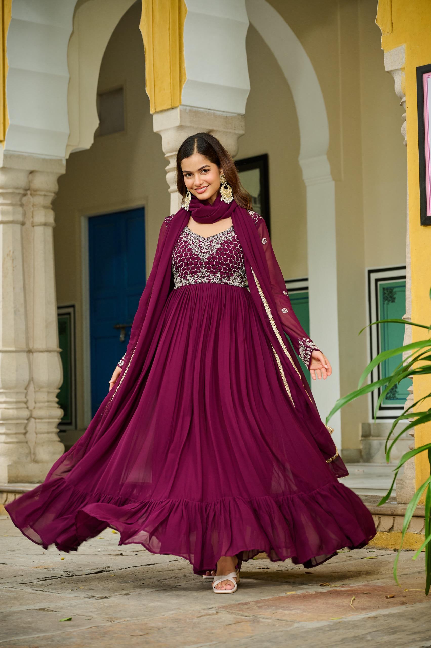 Prazu Fashion Wine Faux Georgette With Beads Embroidery-Work Gown With Dupatta