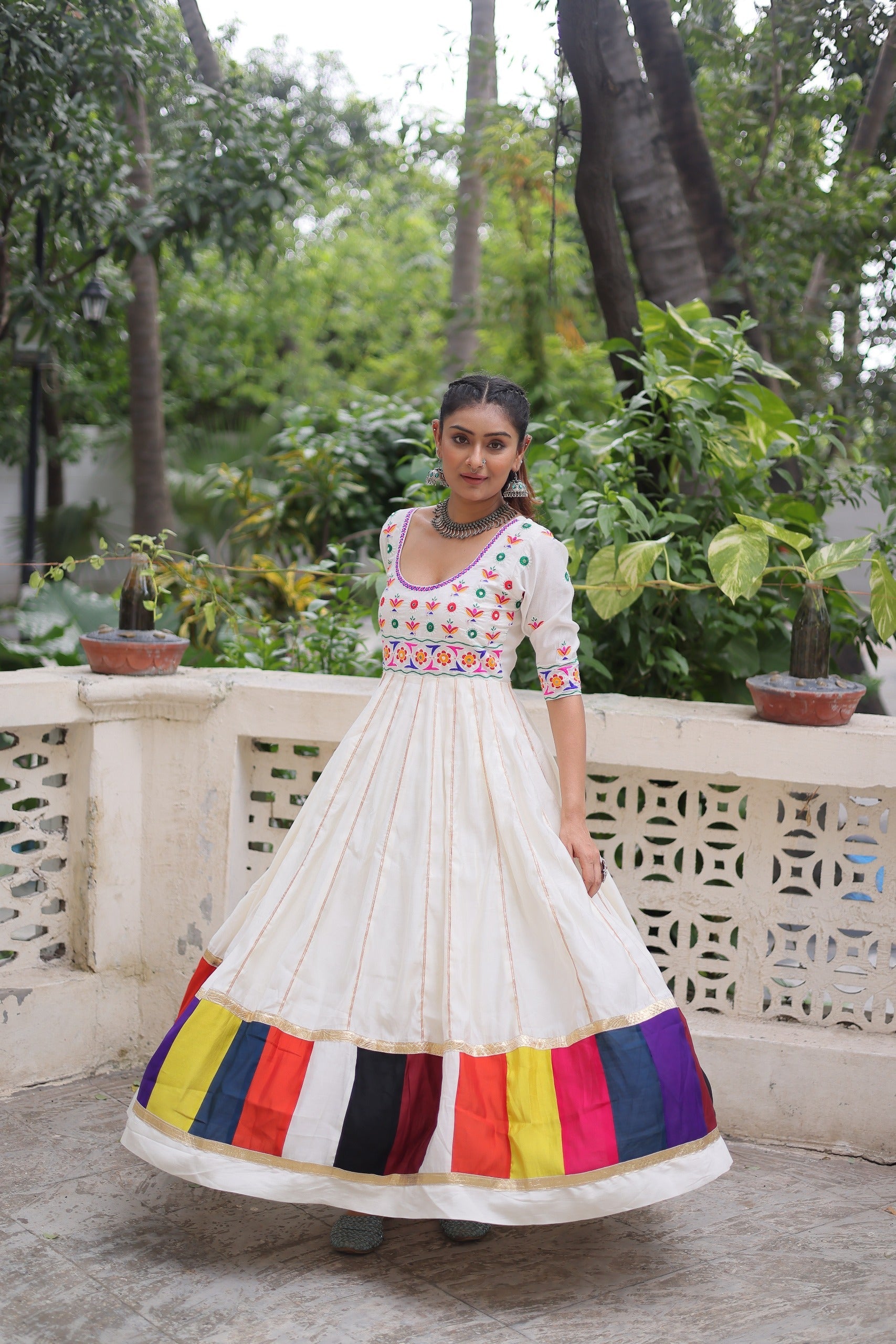 Prazu Fashion Off White Roman Multicolour Thread Work & Gota Lace Gown For Navratri