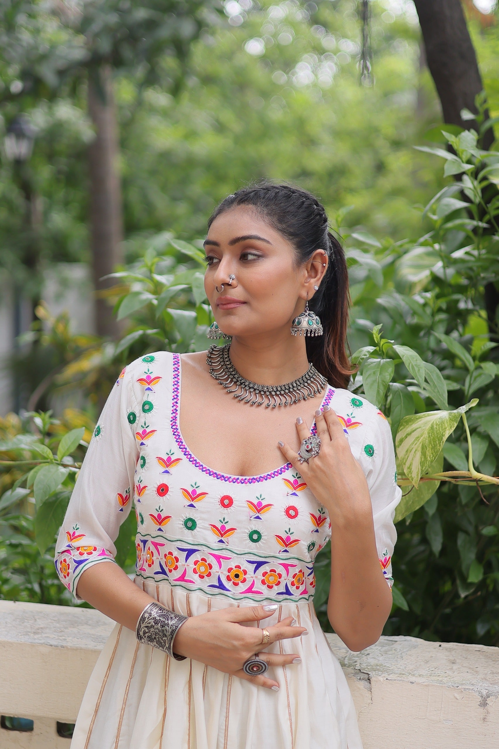 Prazu Fashion Off White Roman Multicolour Thread Work & Gota Lace Gown For Navratri