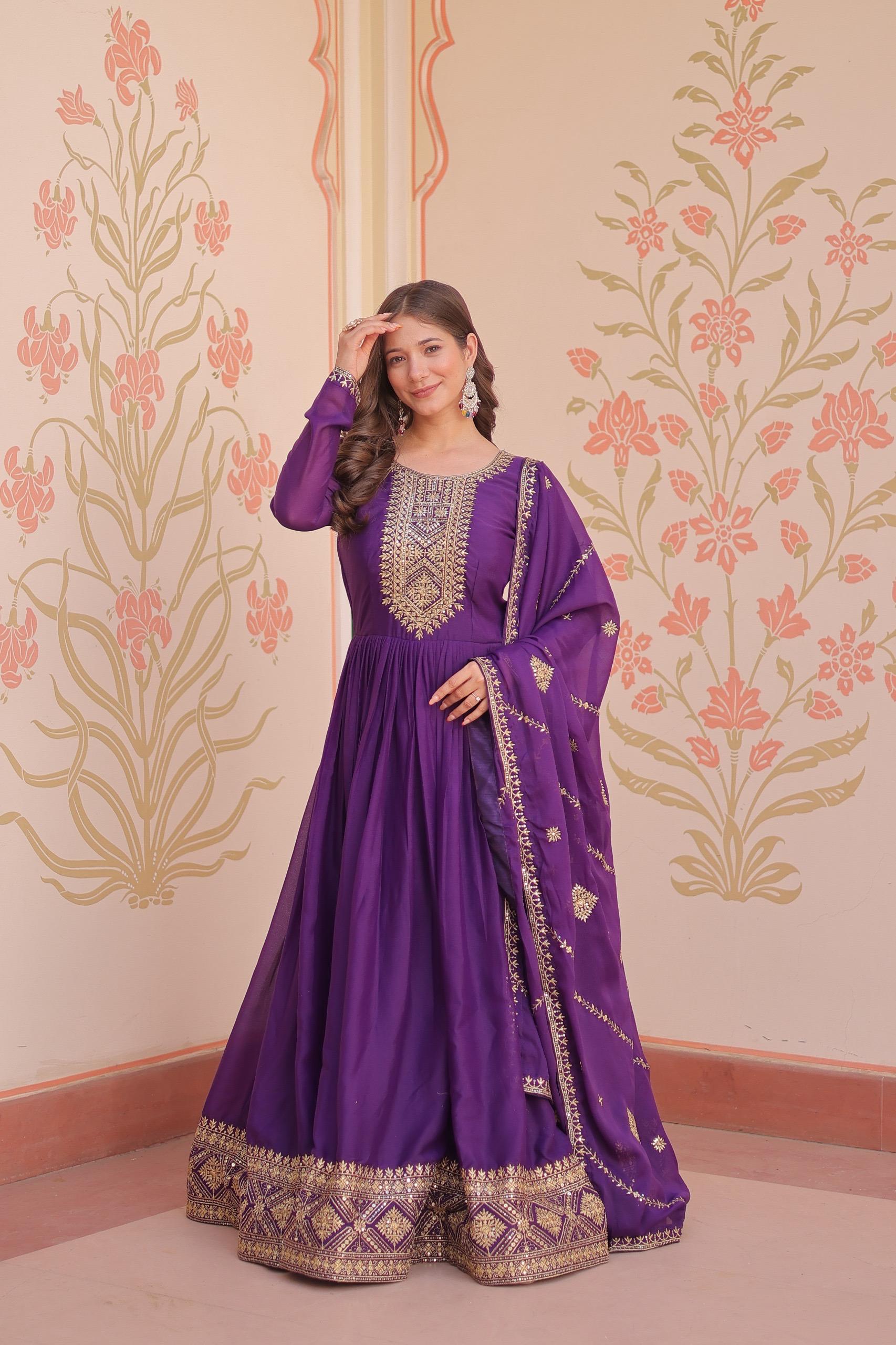 Prazu Fashion Purple Georgette With Zari & Sequins Embroidered Work Gown With Dupatta
