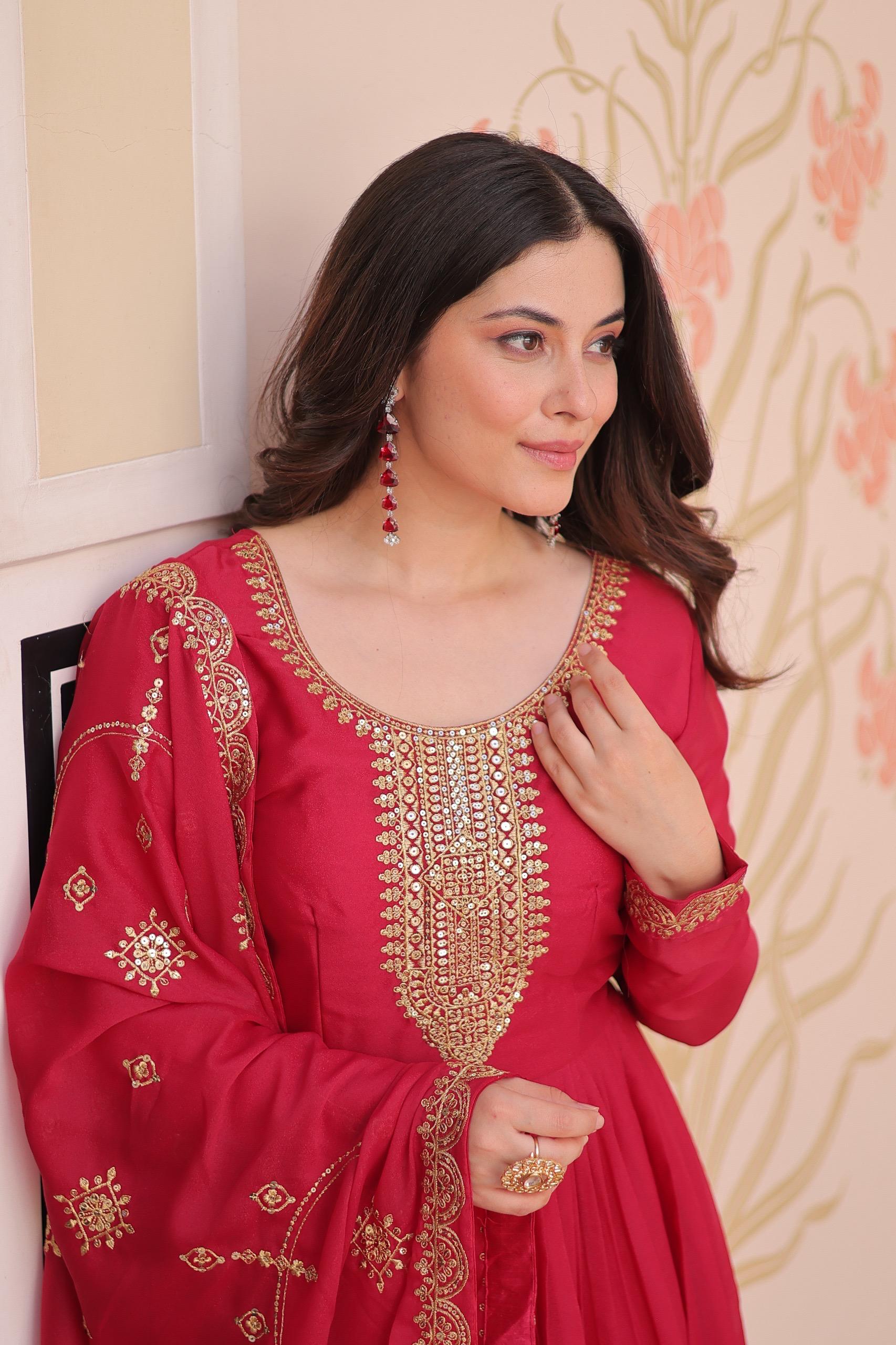 Prazu Fashion Rani Pink Georgette With Zari & Sequins Embroidered Work Gown With Dupatta