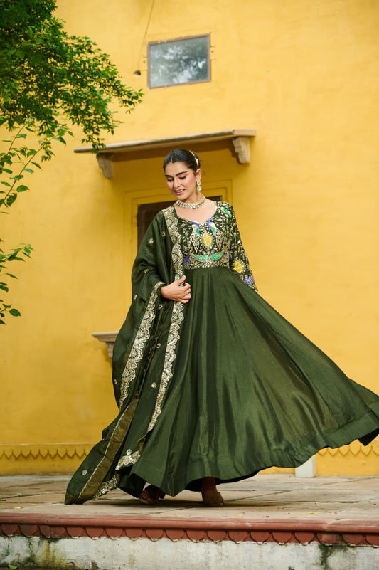 Prazu Fashion Mehendi Vichitra Silk Multi Thread & Embroidered Work Gown With Dupatta