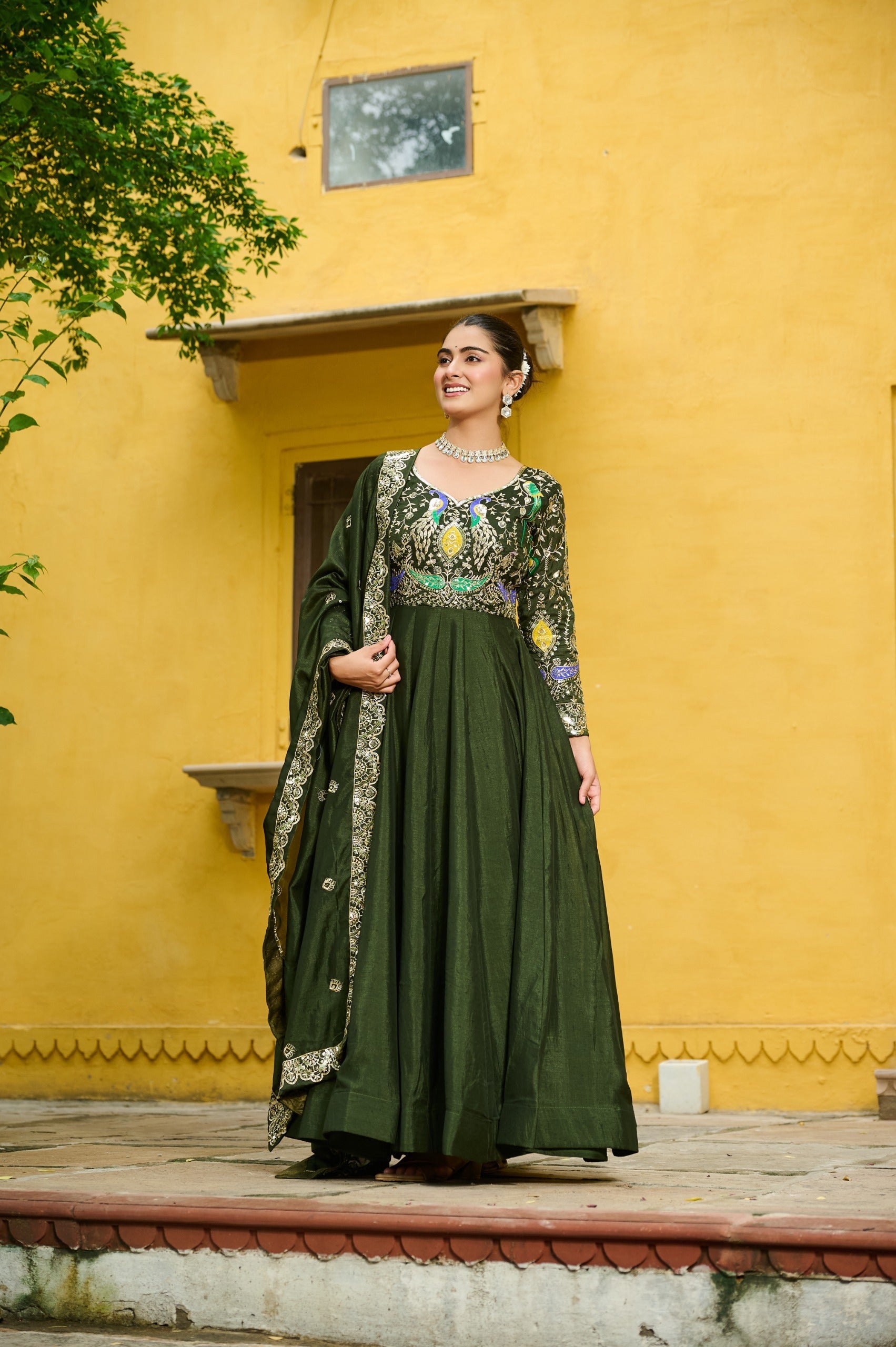 Prazu Fashion Mehendi Vichitra Silk Multi Thread & Embroidered Work Gown With Dupatta