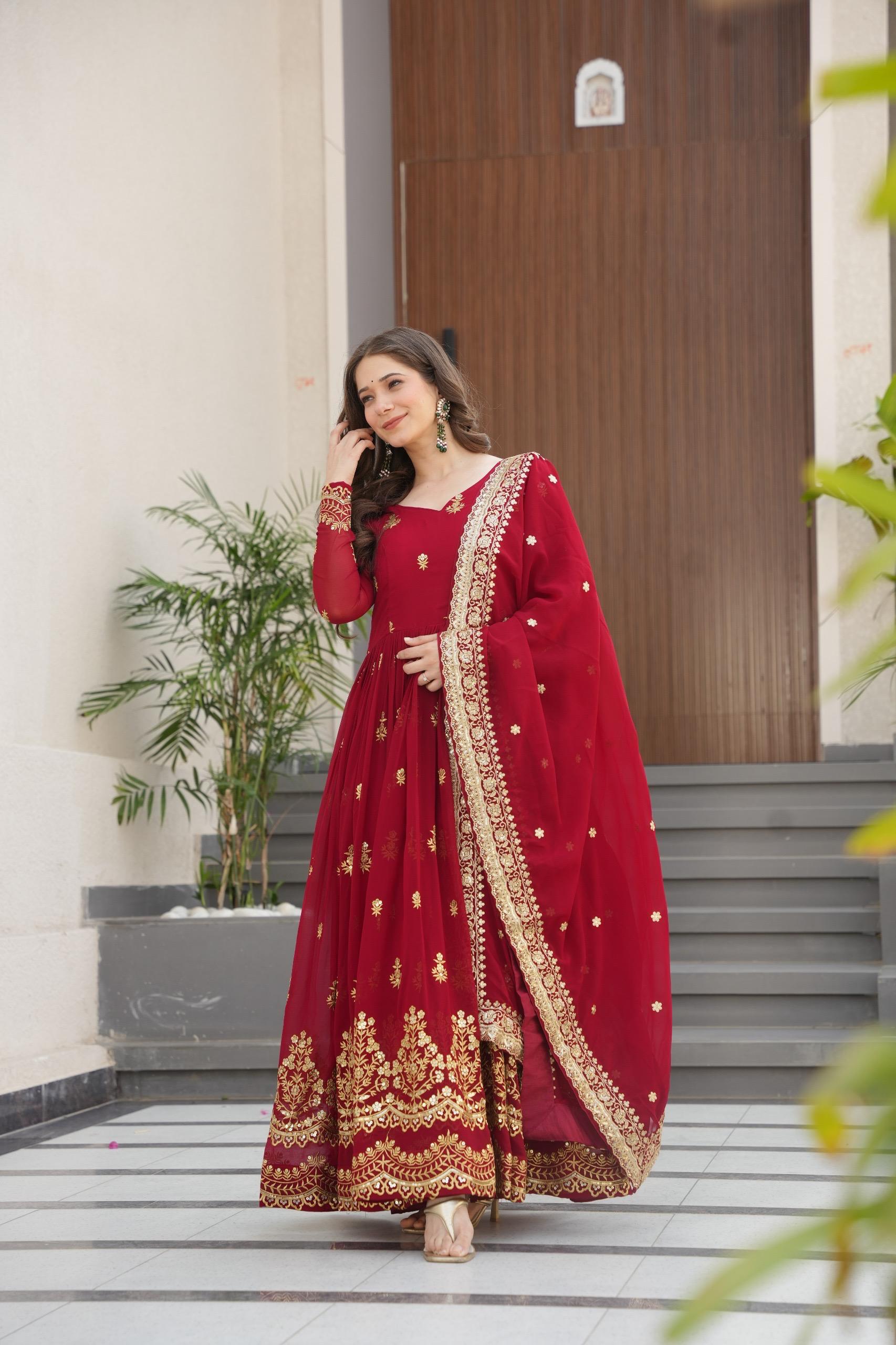 Prazu Fashion Maroon Georgette With Rich Zari & Sequins Embroidered Gown With Dupatta.