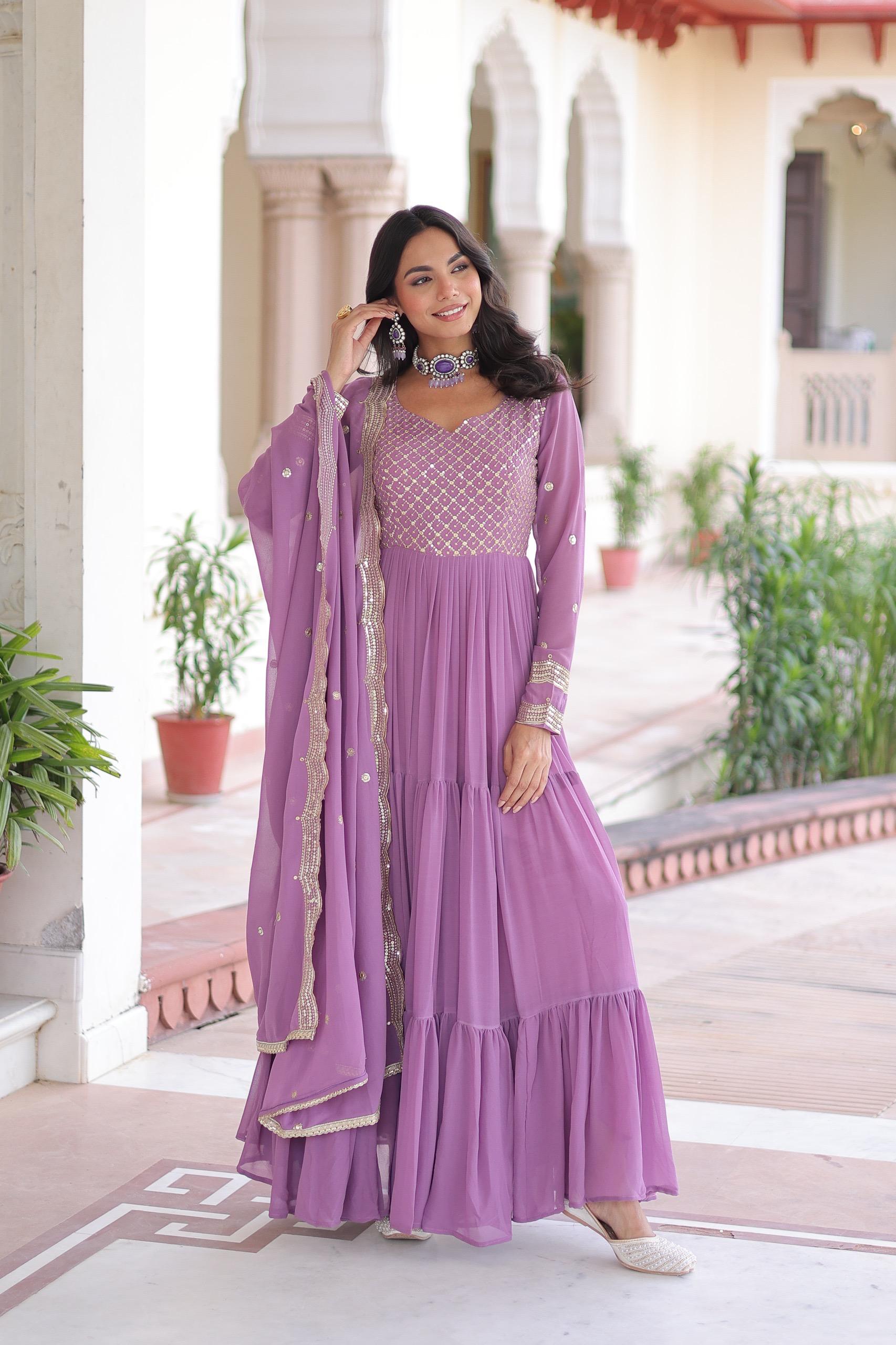 Prazu Fashion Onion Pink Faux Georgette With Sequins & Zari Embroidered Gown With Dupatta
