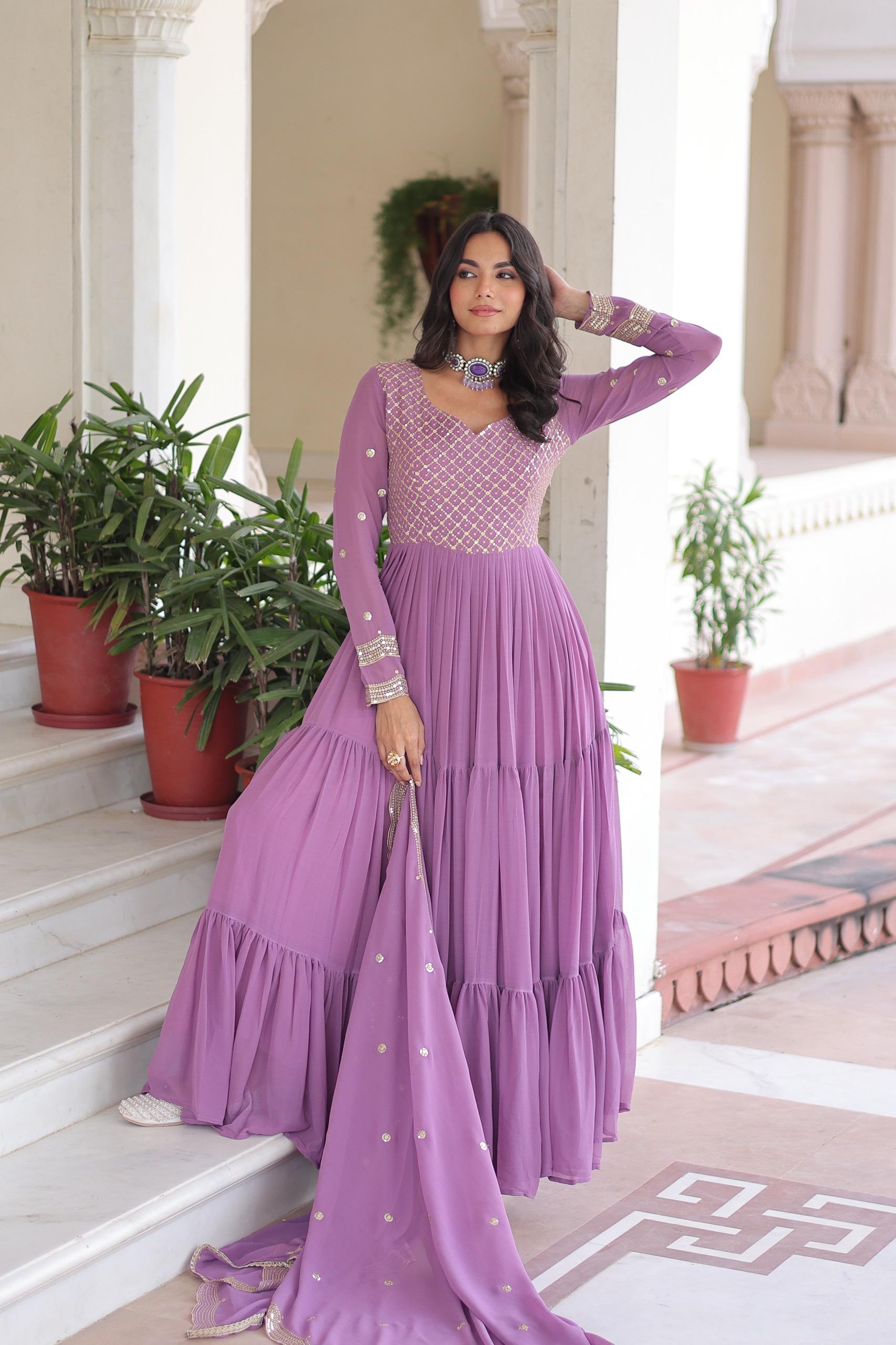 Prazu Fashion Onion Pink Faux Georgette With Sequins & Zari Embroidered Gown With Dupatta