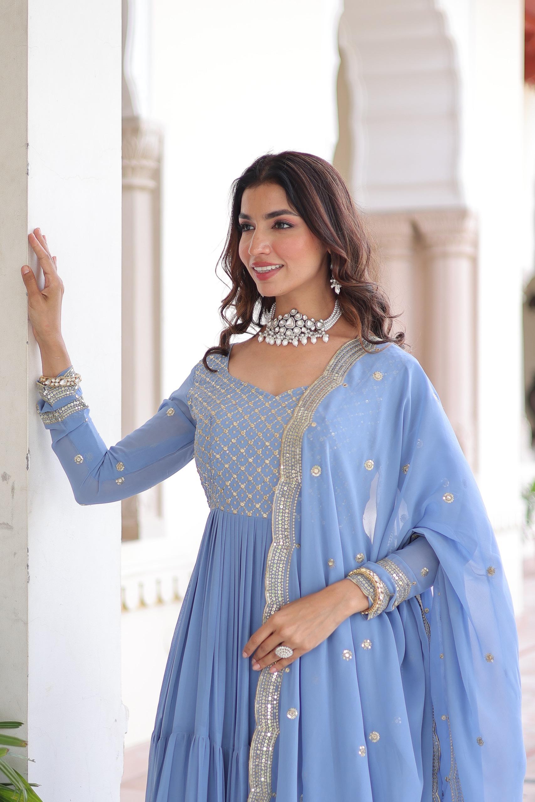 Prazu Fashion Sky Blue Faux Georgette With Sequins & Zari Embroidered Gown With Dupatta