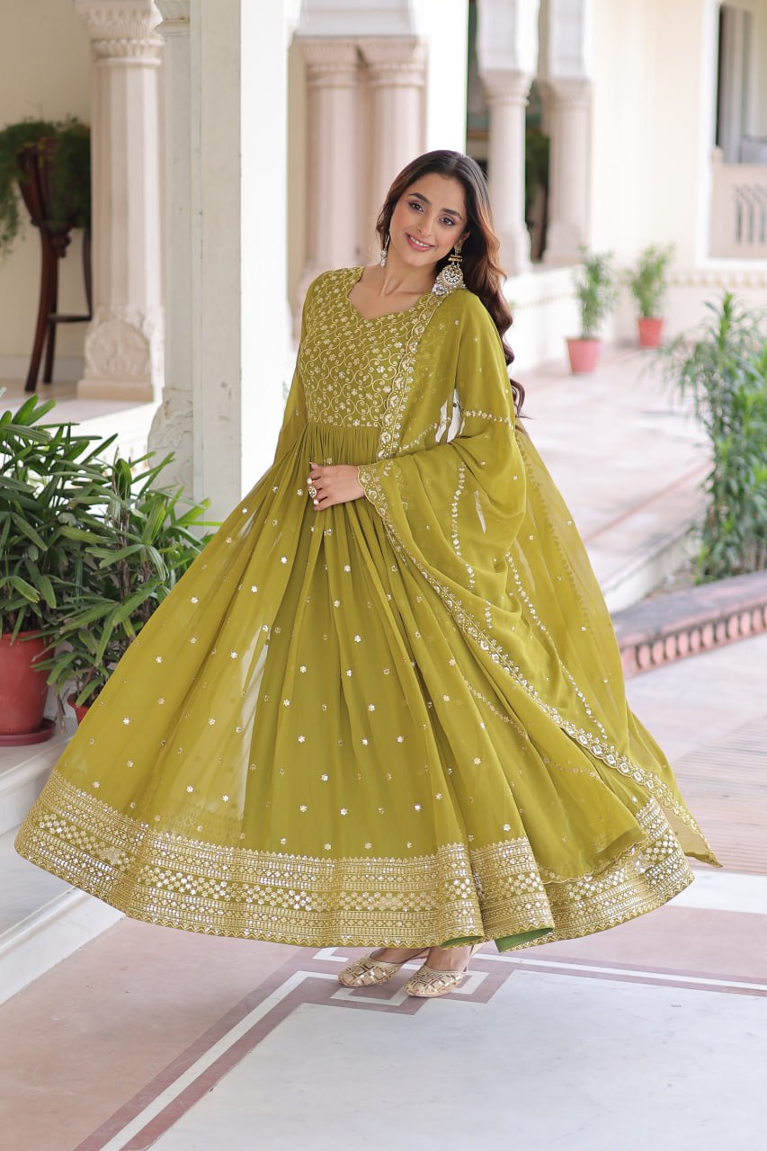 Lehenga Mart Premium Readymade Gown With Dupatta Set For Women-Mehendi Green