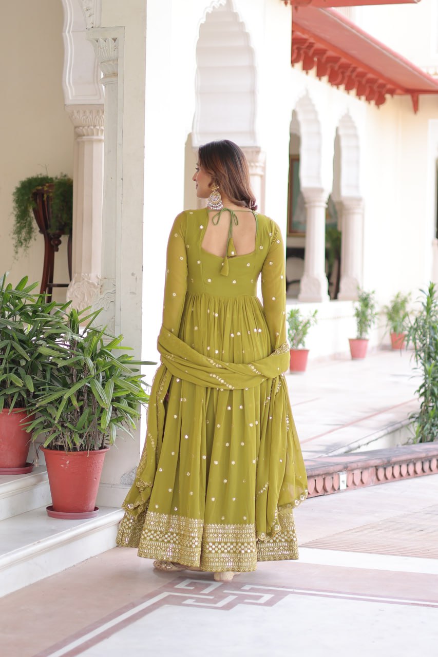 Lehenga Mart Premium Readymade Gown With Dupatta Set For Women-Mehendi Green