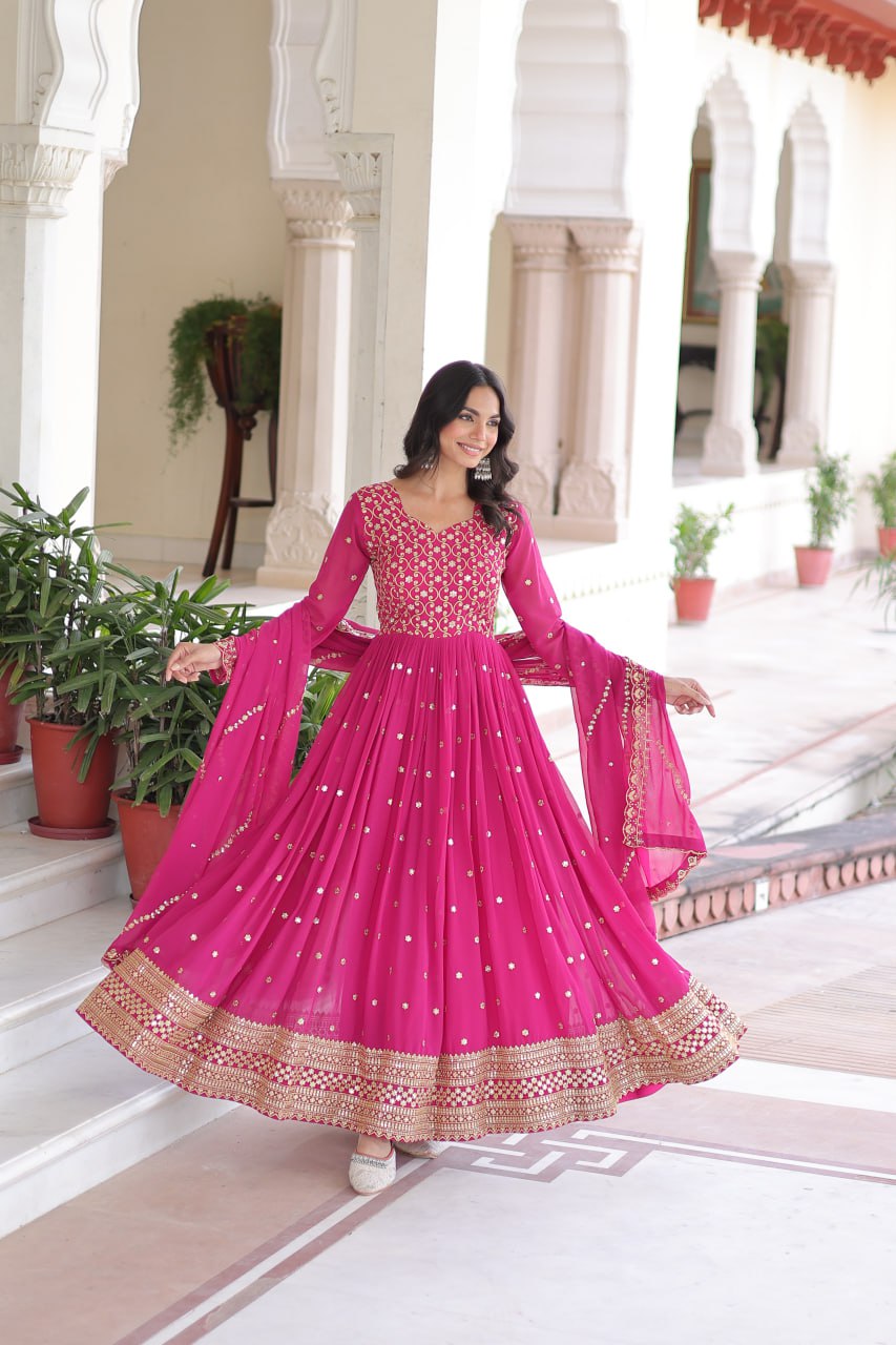 Lehenga Mart Premium Readymade Gown With Dupatta Set For Women-Rani Pink
