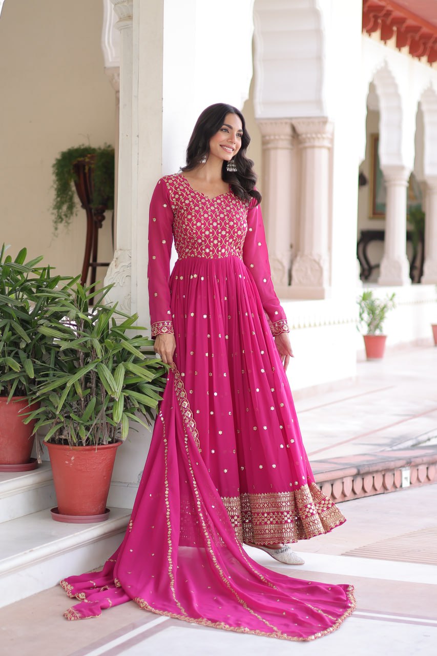 Lehenga Mart Premium Readymade Gown With Dupatta Set For Women-Rani Pink