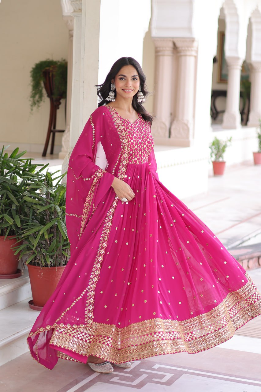 Lehenga Mart Premium Readymade Gown With Dupatta Set For Women-Rani Pink