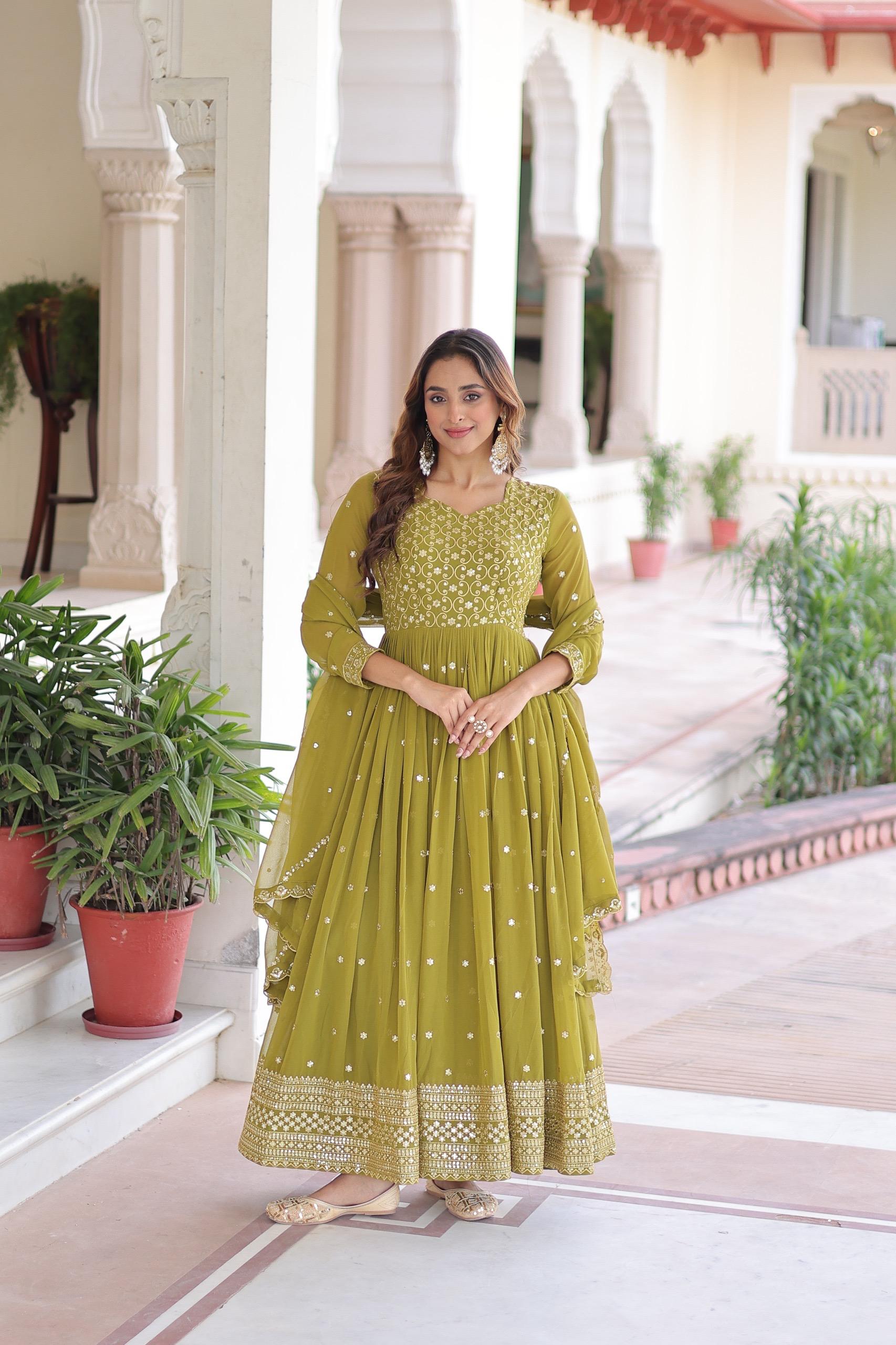Prazu Fashion Mahendi Green Georgette Rich Sequins & Zari Embroidered Gown With Dupatta
