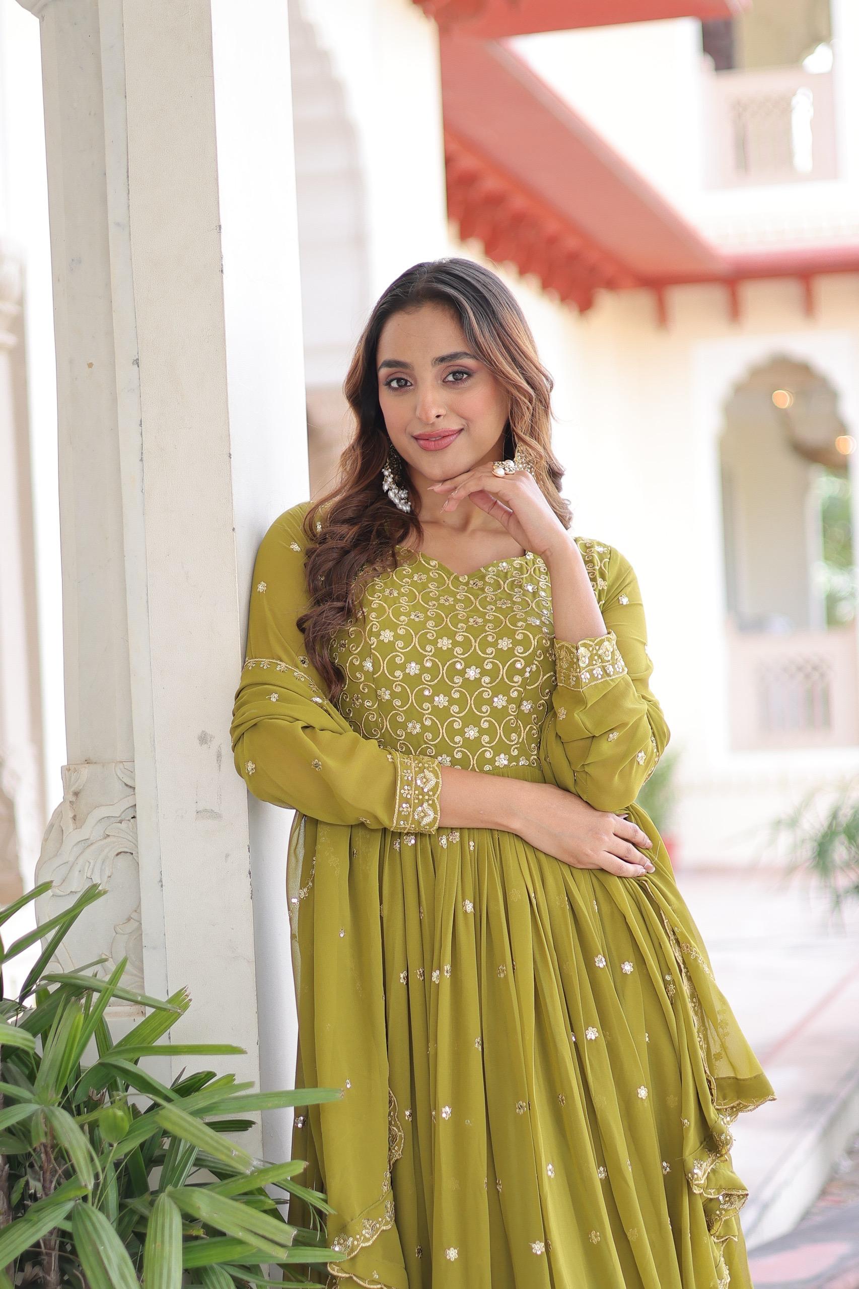 Prazu Fashion Mahendi Green Georgette Rich Sequins & Zari Embroidered Gown With Dupatta