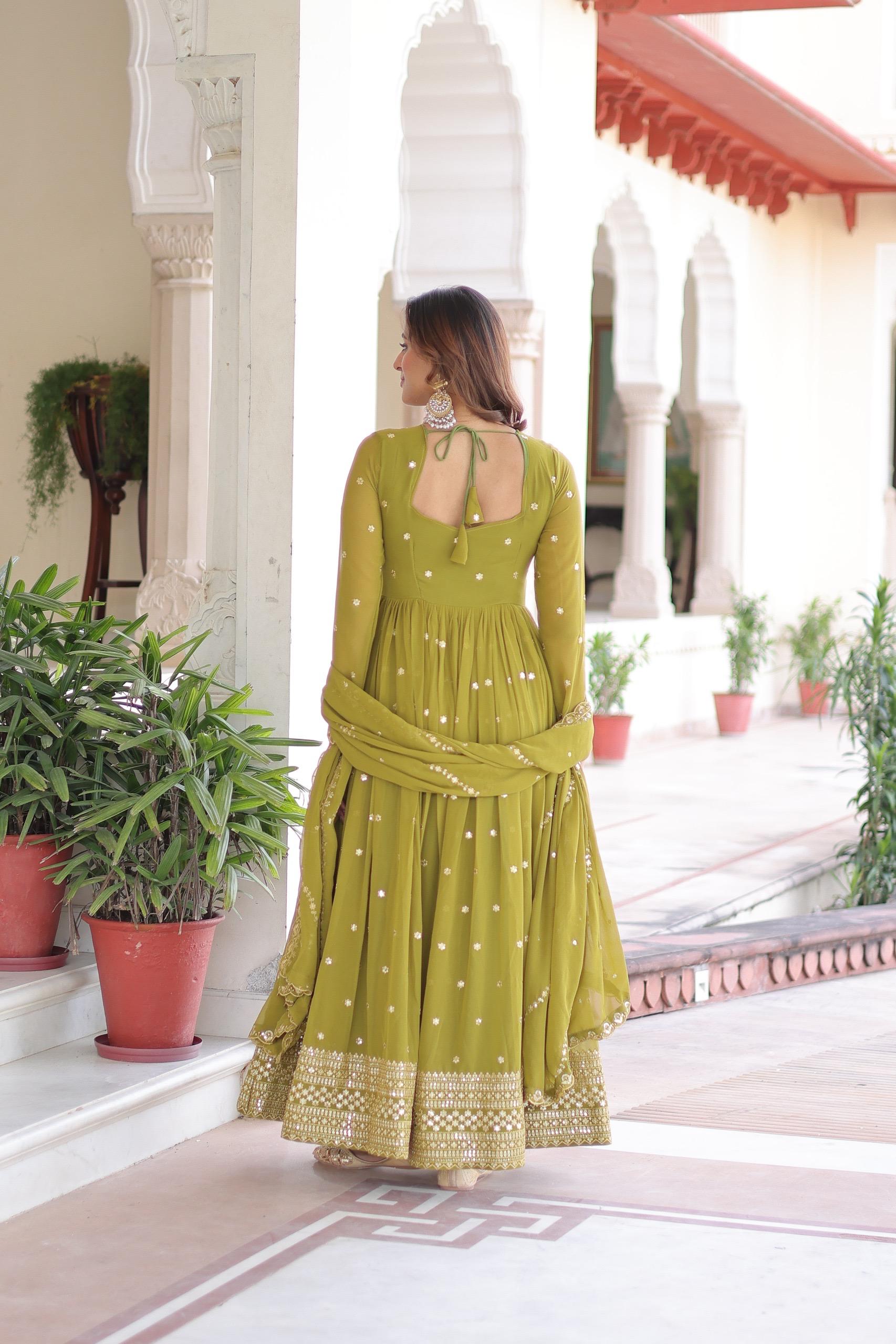 Prazu Fashion Mahendi Green Georgette Rich Sequins & Zari Embroidered Gown With Dupatta