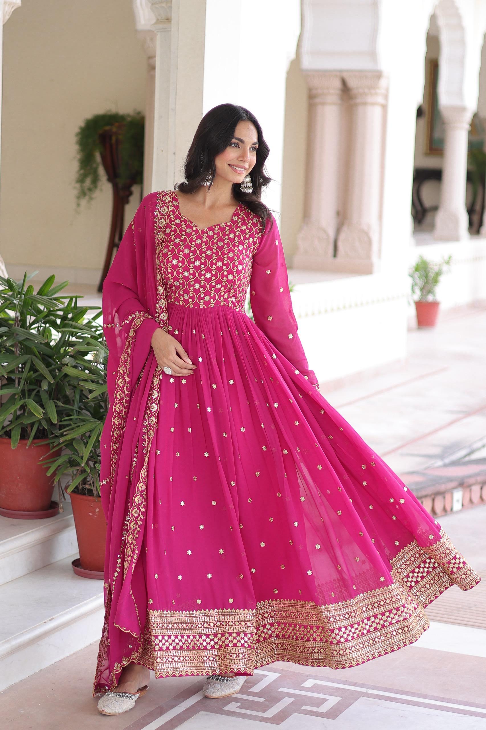 Prazu Fashion Rani Pink Georgette Rich Sequins & Zari Embroidered Gown With Dupatta