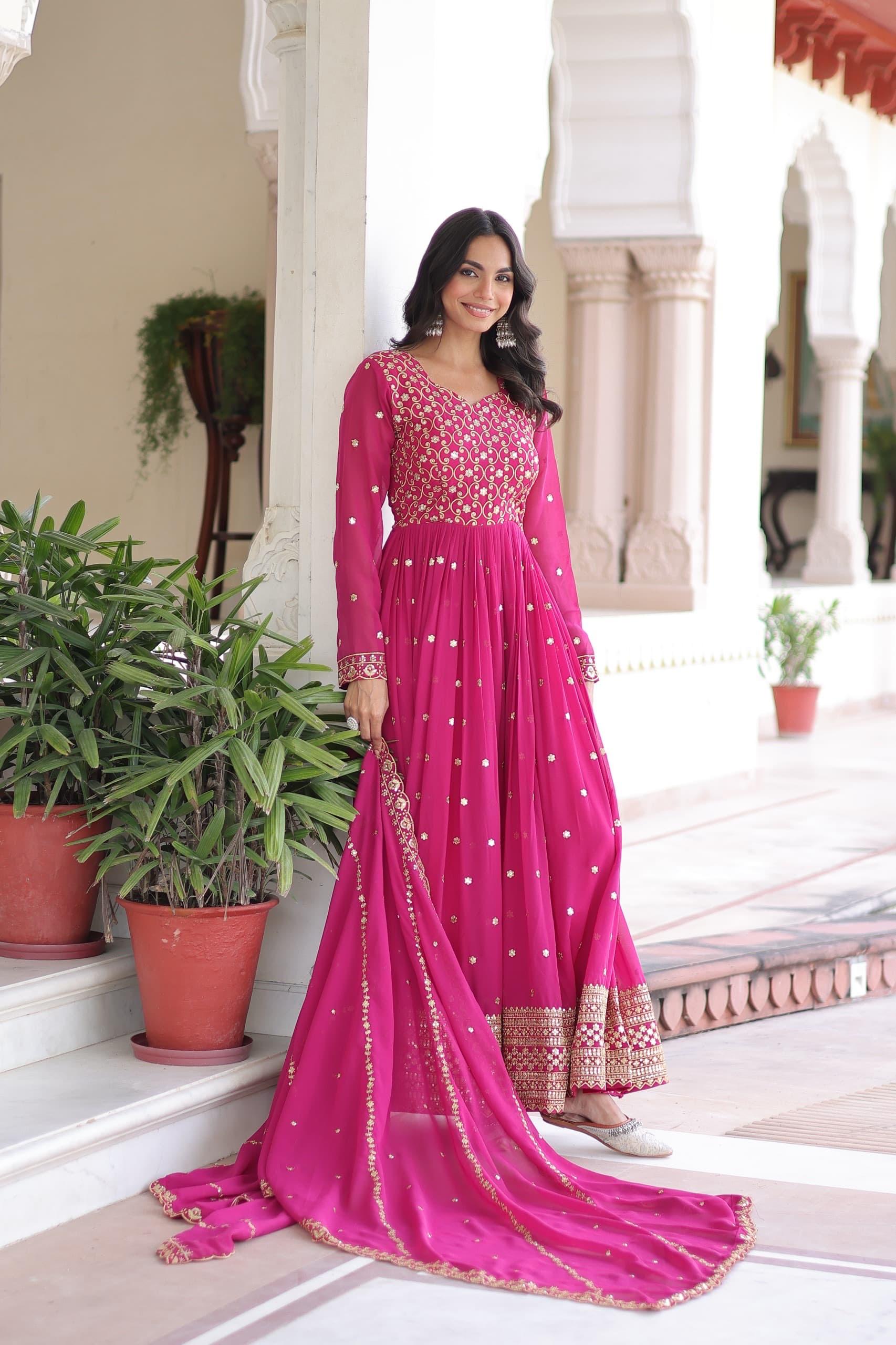Prazu Fashion Rani Pink Georgette Rich Sequins & Zari Embroidered Gown With Dupatta