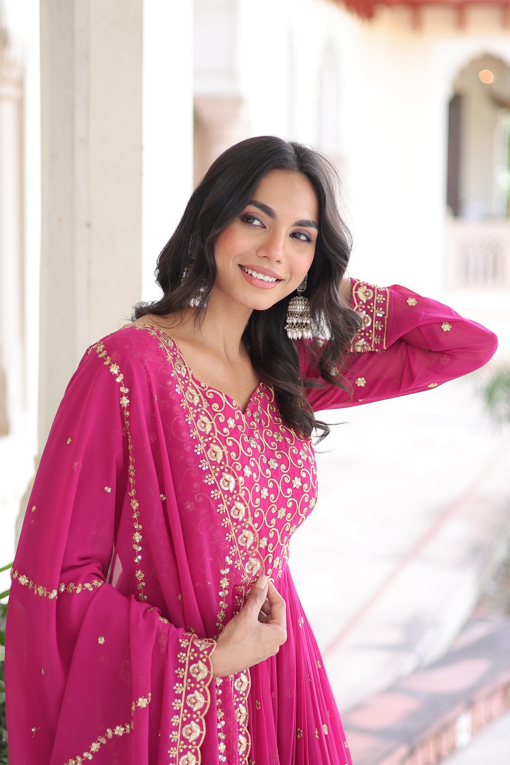 Prazu Fashion Rani Pink Georgette Rich Sequins & Zari Embroidered Gown With Dupatta