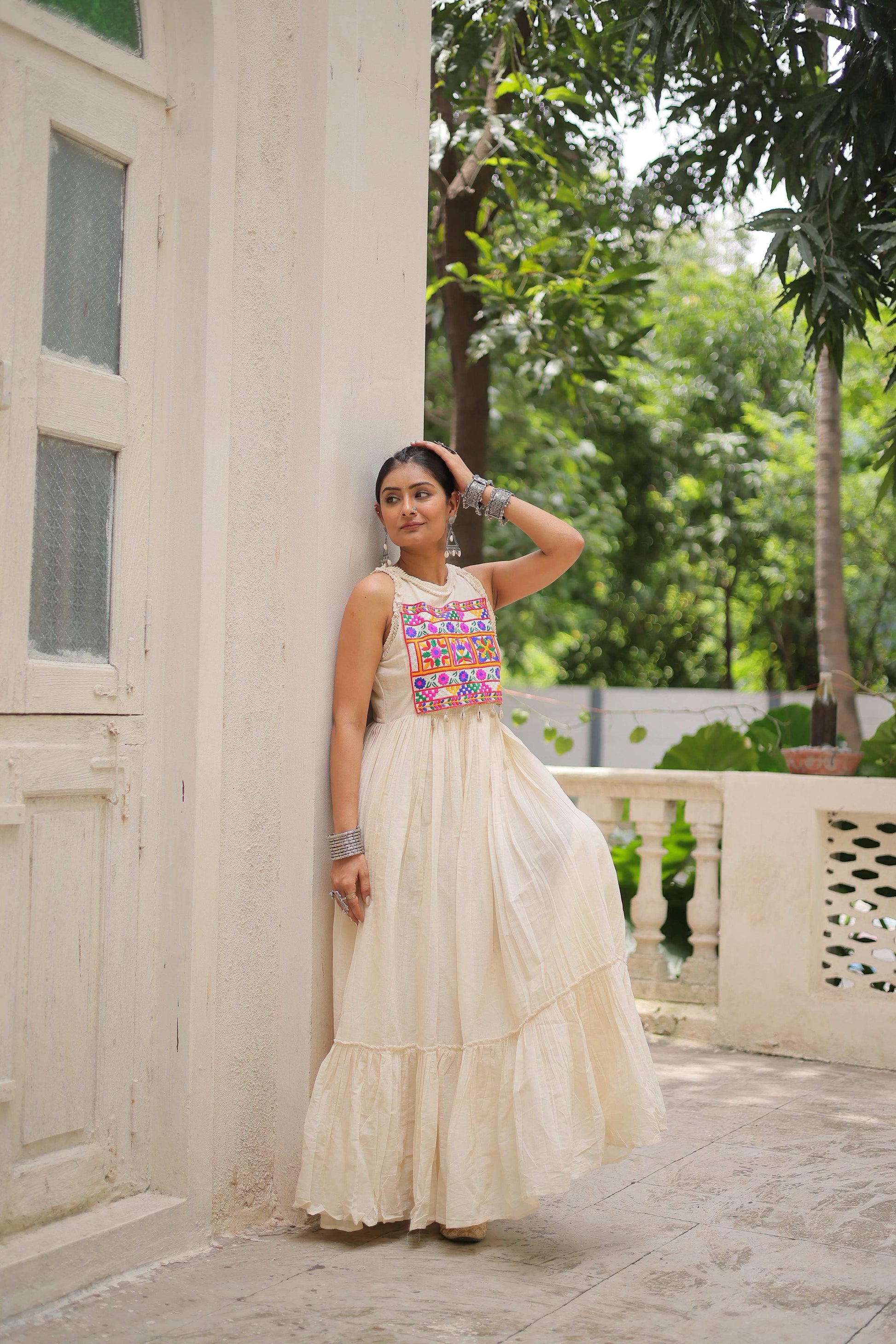 Prazu Fashion Off White Kora Cotton With Multi Thread Embroidered Work Gown