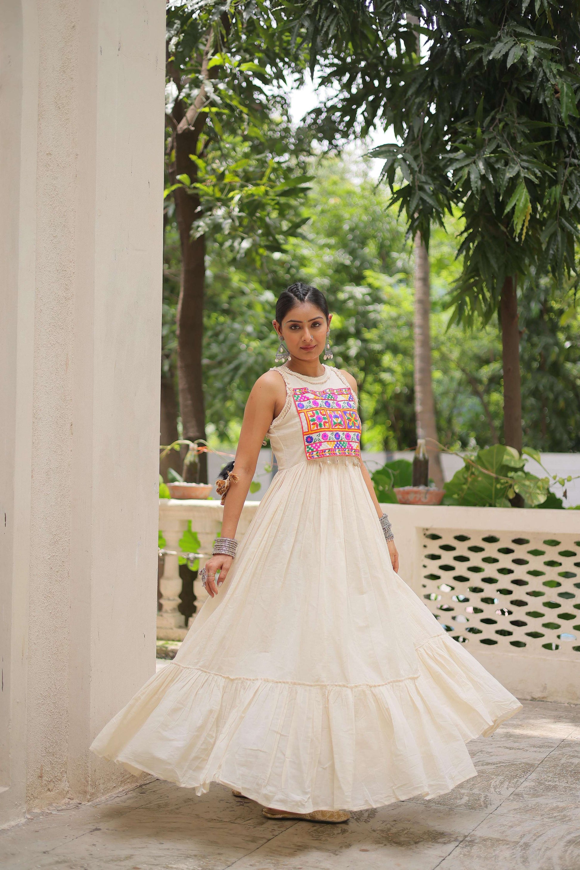 Prazu Fashion Off White Kora Cotton With Multi Thread Embroidered Work Gown