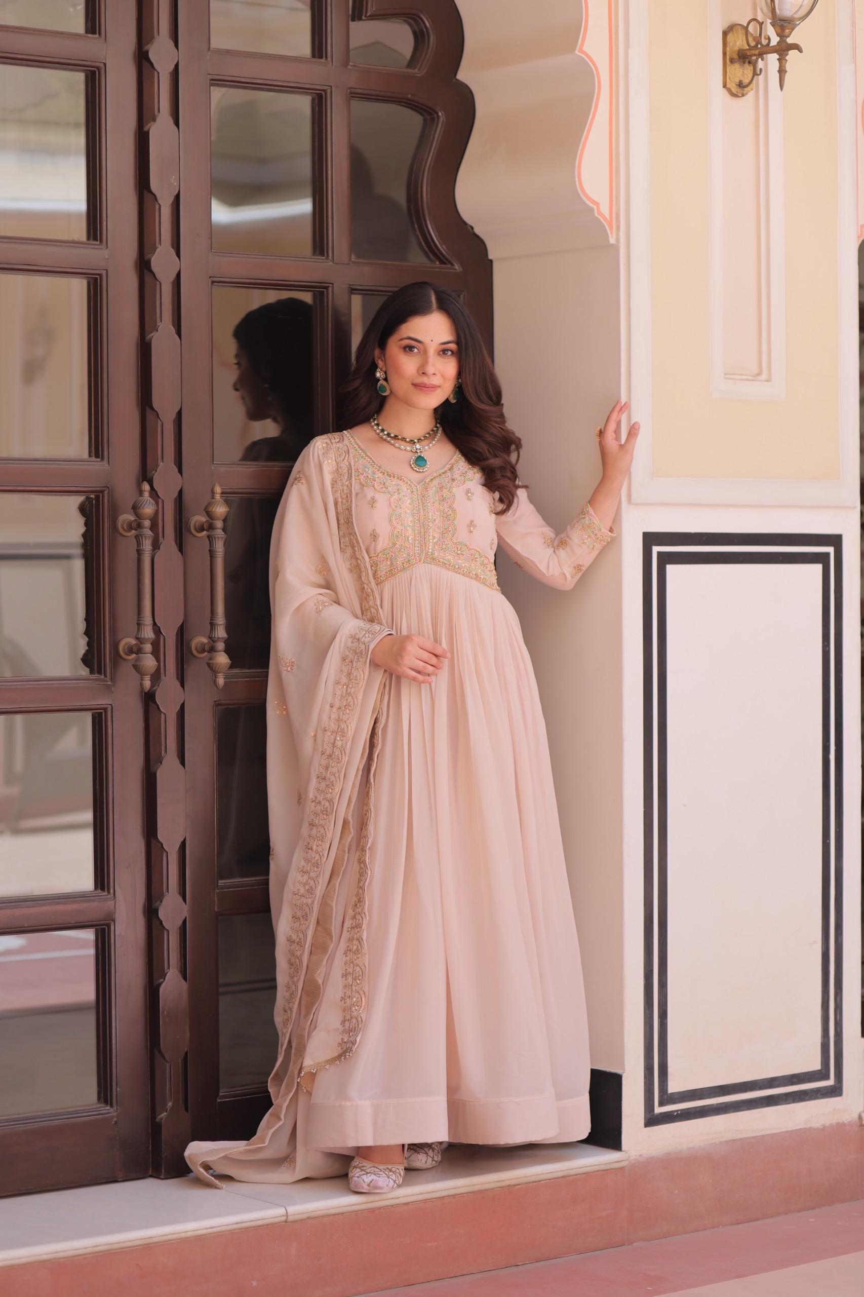 Prazu Fashion Cream Georgette With Beads & Sequins Embroidered Gown With Dupatta