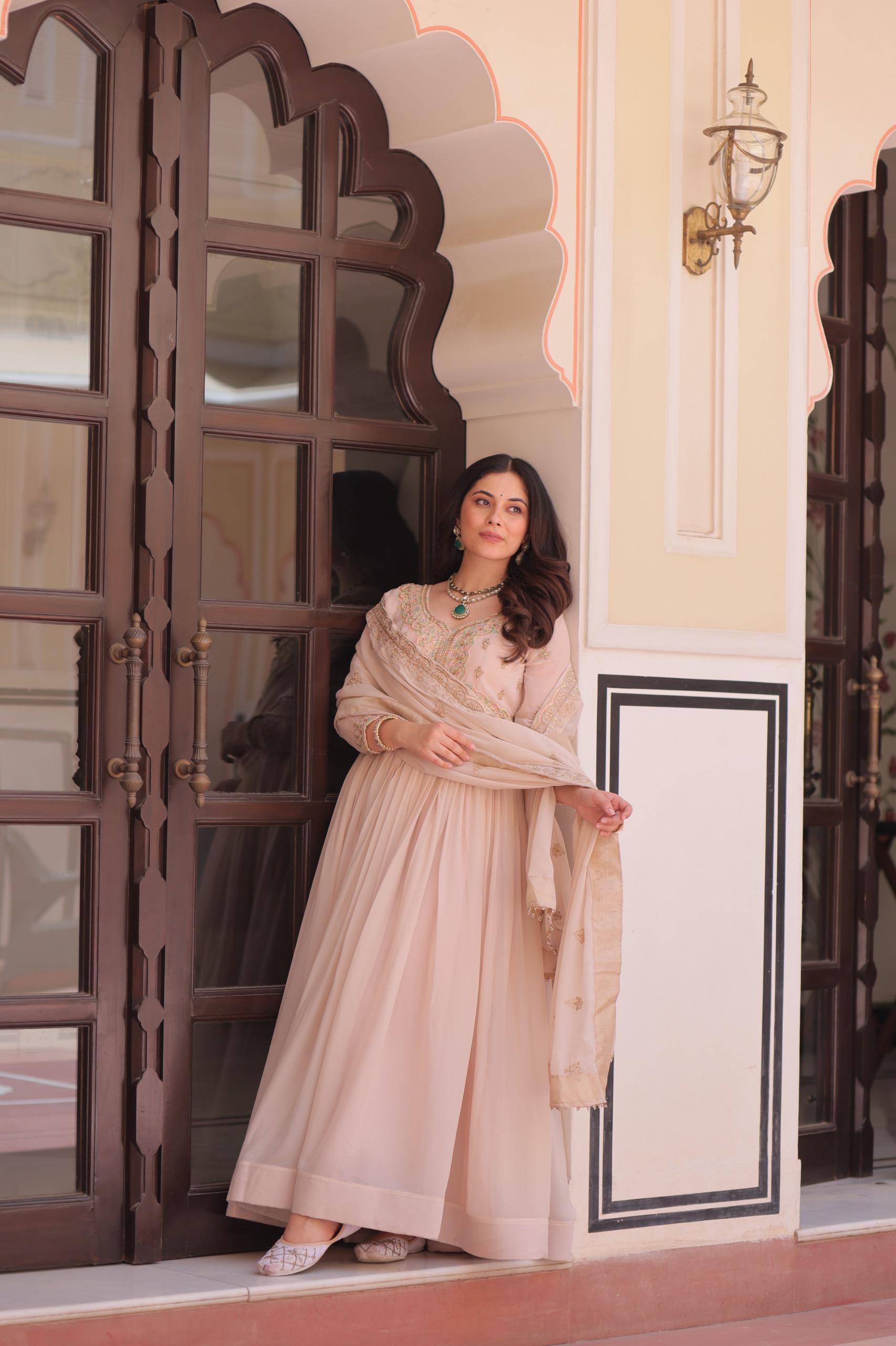 Prazu Fashion Cream Georgette With Beads & Sequins Embroidered Gown With Dupatta