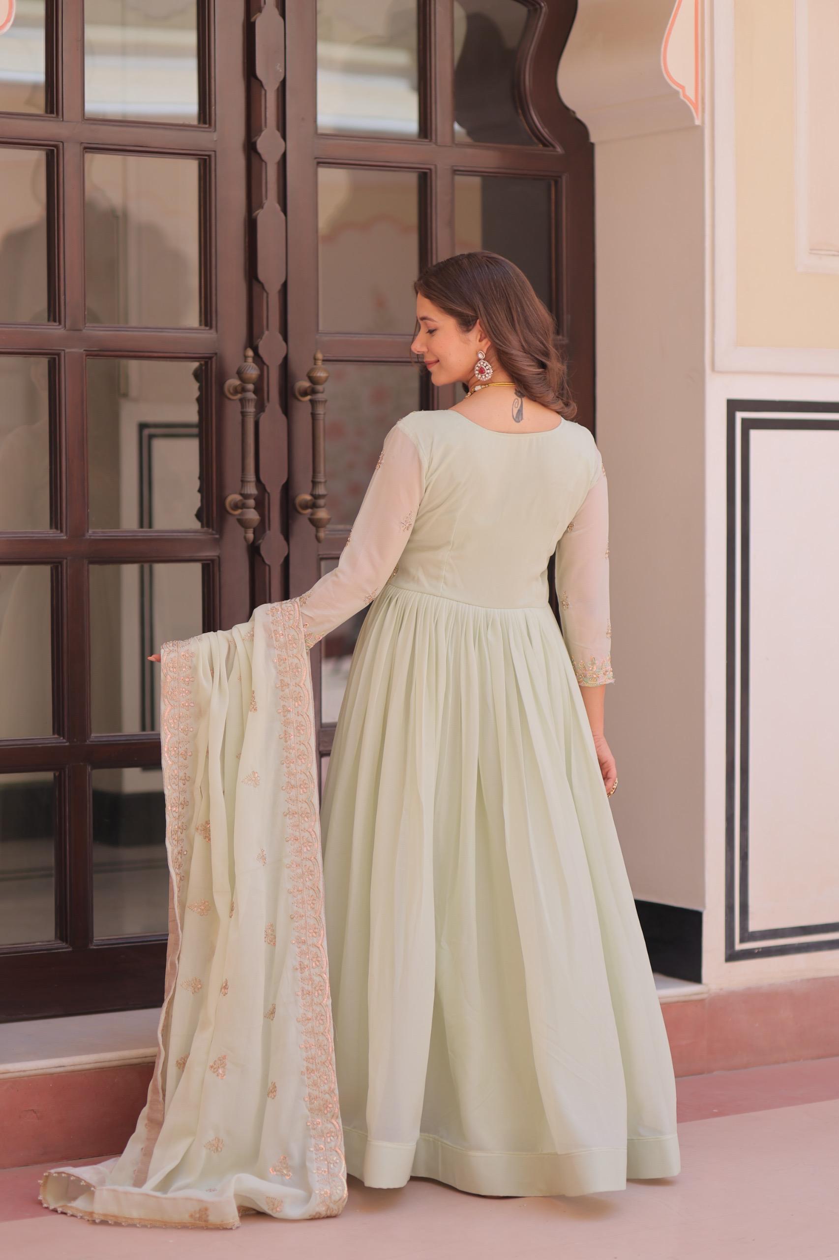 Prazu Fashion Pista Georgette With Beads & Sequins Embroidered Gown With Dupatta