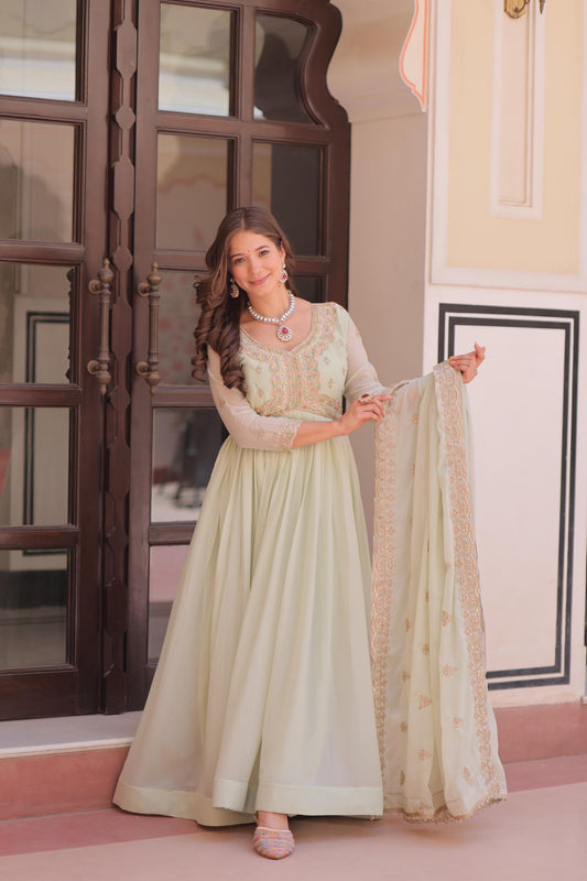 Prazu Fashion Pista Georgette With Beads & Sequins Embroidered Gown With Dupatta