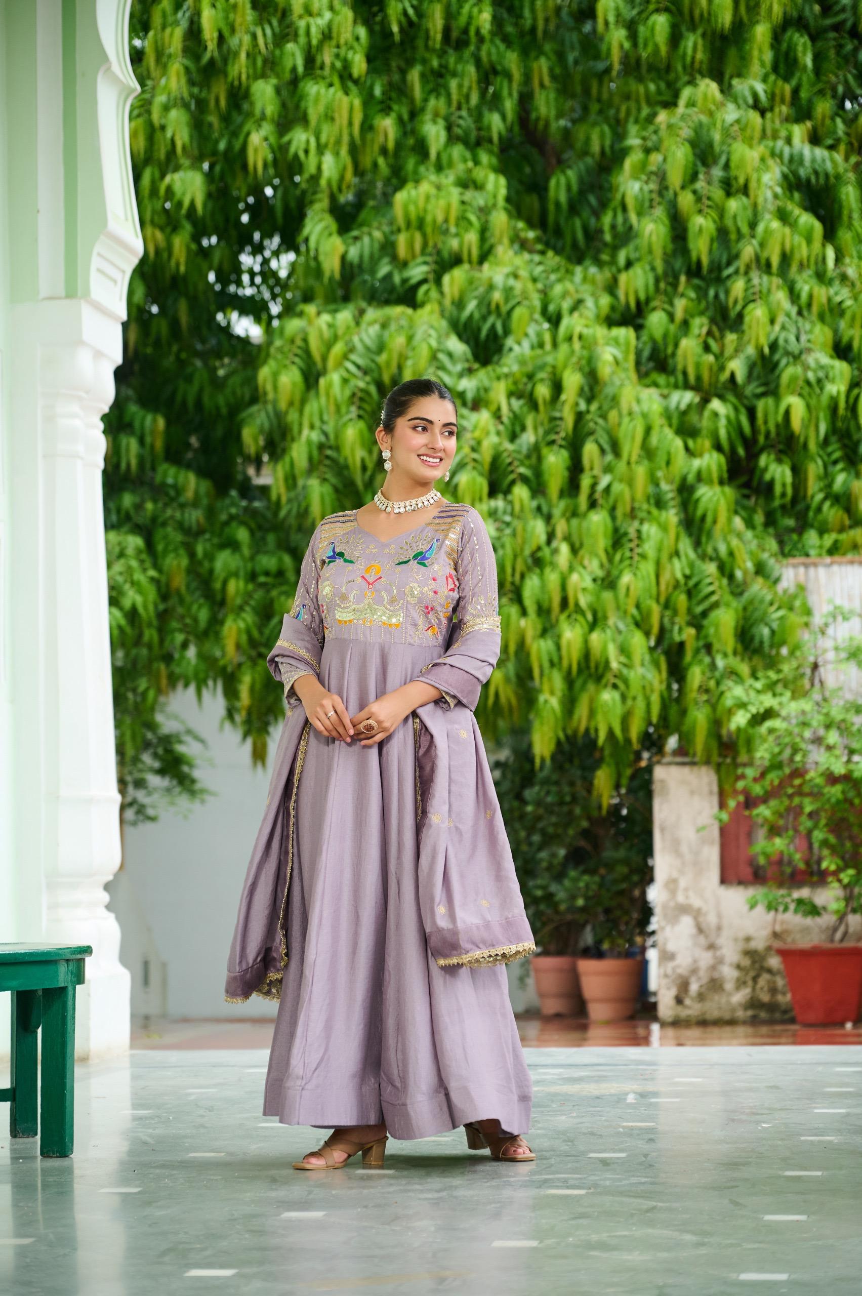 Prazu Fashion Onion Pink Vichitra Silk Rich Sequins, Multi Thread Gown With Dupatta