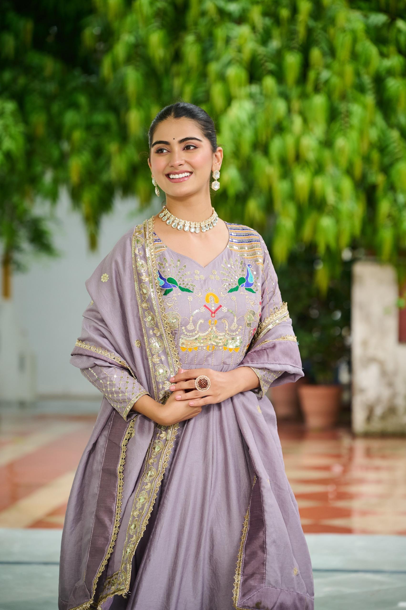 Prazu Fashion Onion Pink Vichitra Silk Rich Sequins, Multi Thread Gown With Dupatta