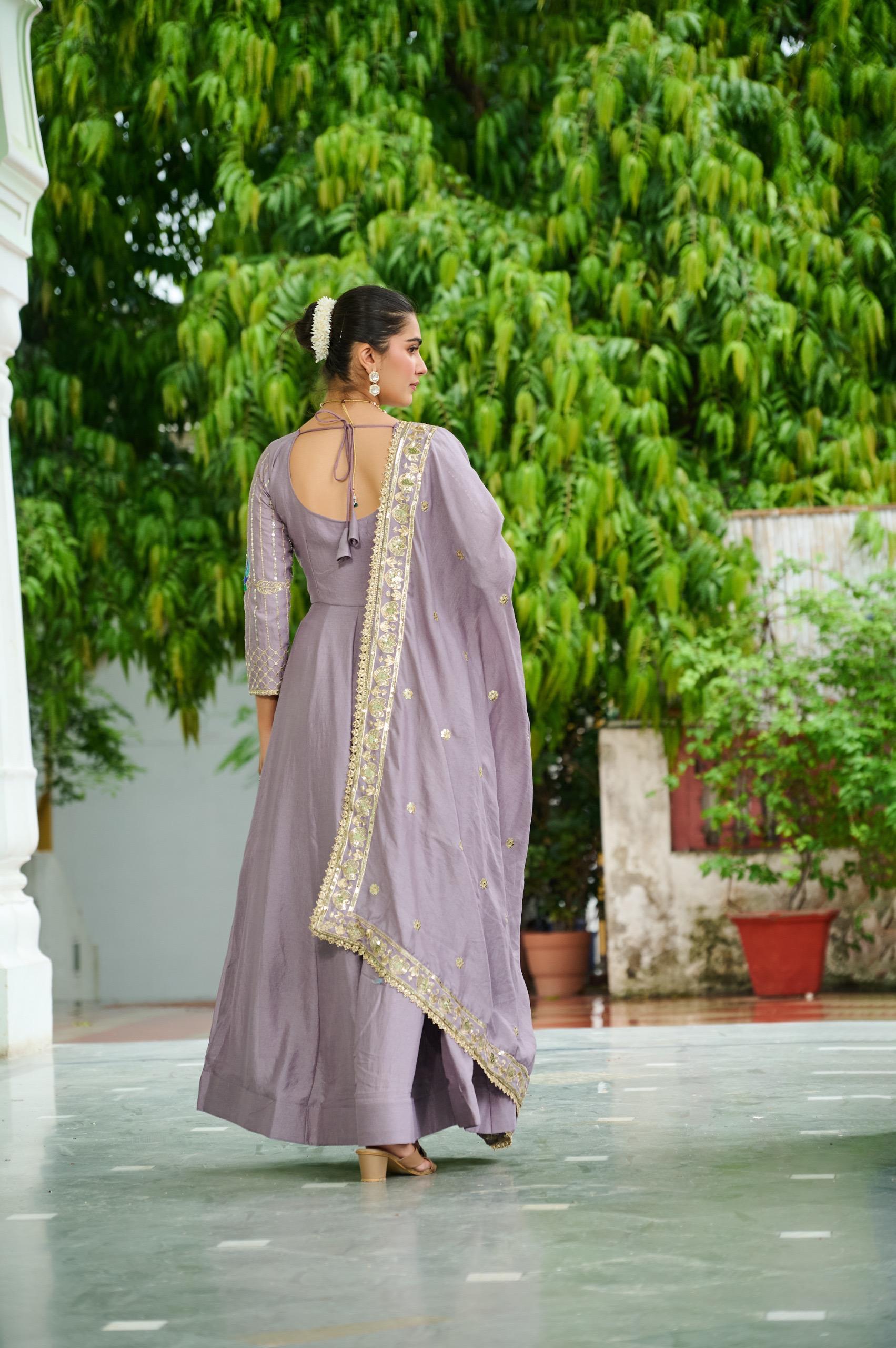 Prazu Fashion Onion Pink Vichitra Silk Rich Sequins, Multi Thread Gown With Dupatta